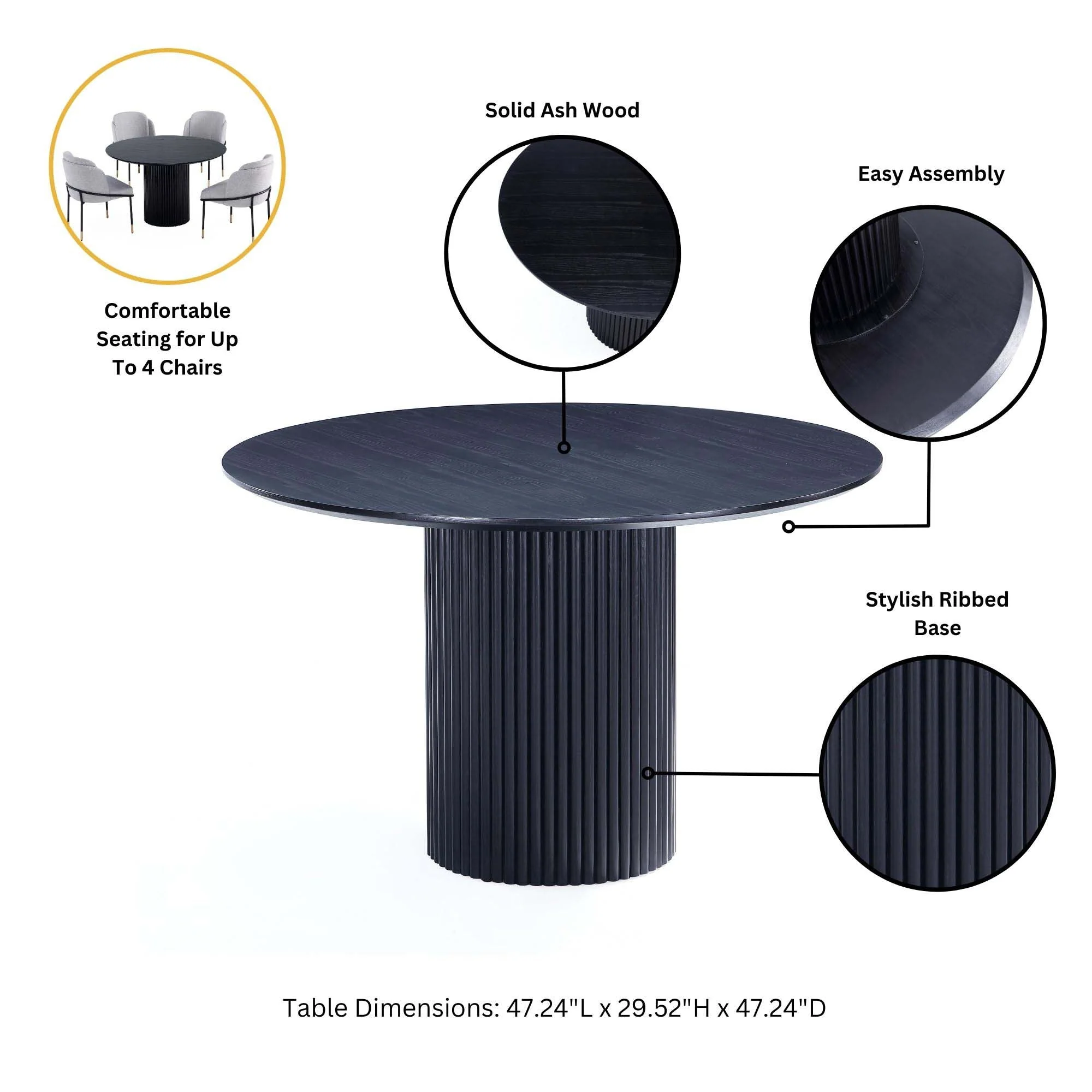 5-Piece Hathaway 47.24 Round Dining Set in Black with 4 Palmer Dining Armchairs in Silver Lining - Image 6