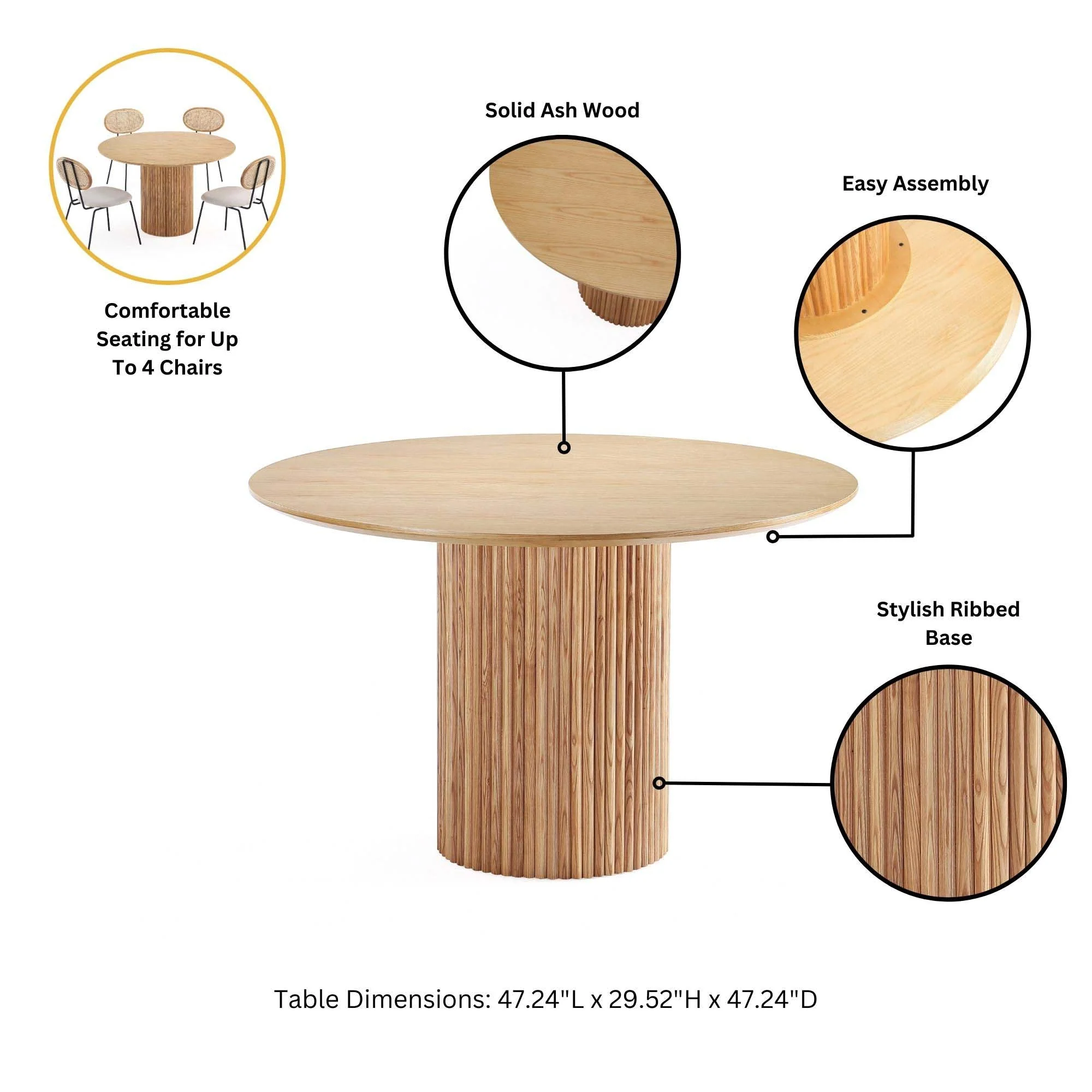 5-Piece Hathaway 47.24 Round Dining Set in Natural with 4 Aspen Dining Chairs in Silver Lining - Image 6