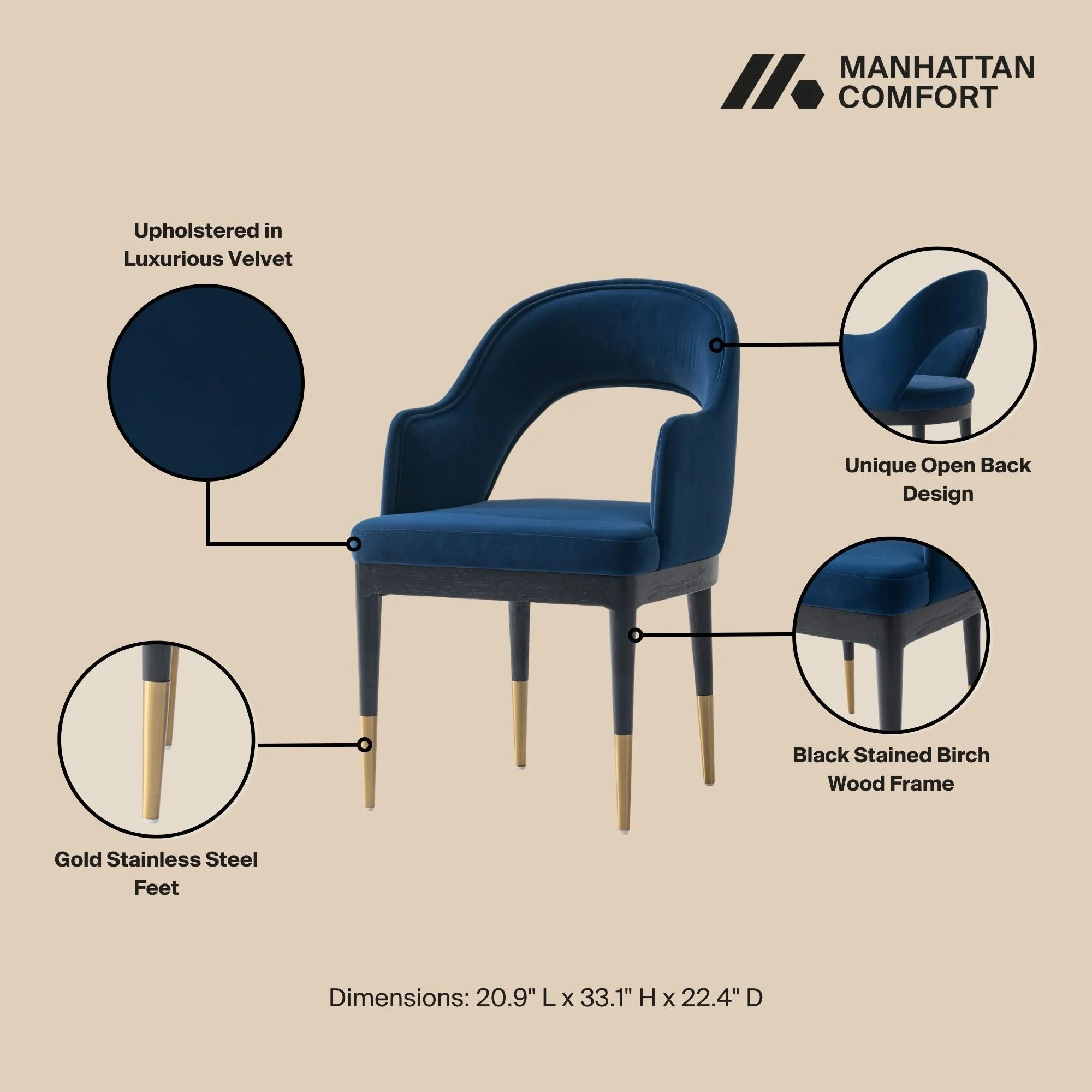 5-Piece Rockaway 70.86 Dining Set with 4 Carrington Chairs in Natural and Midnight Blue - Image 4
