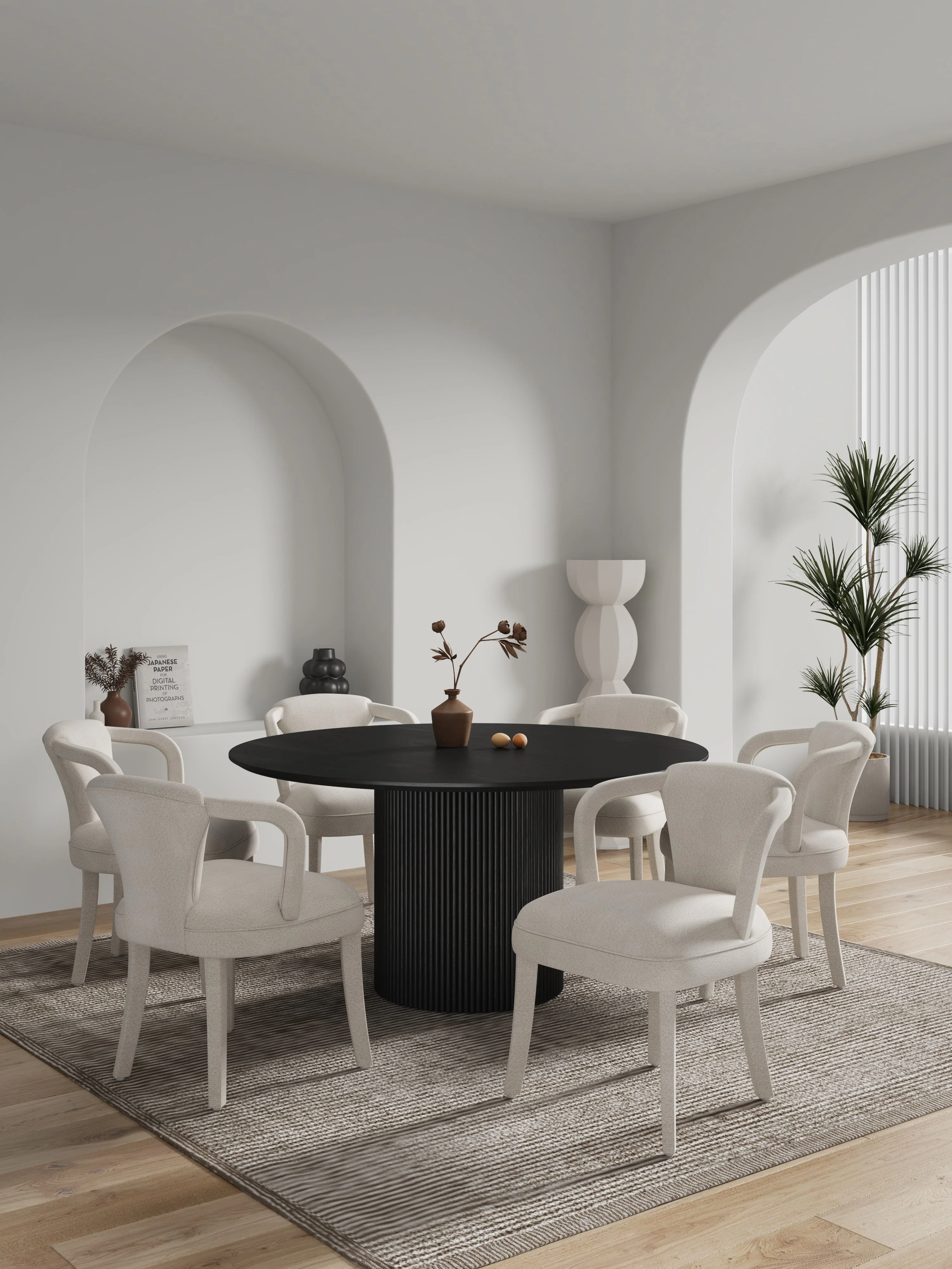 7-Piece Hathaway 59.05 Round Dining Set in Black with 6 Flor Dining Chairs in Ivory - Image 2