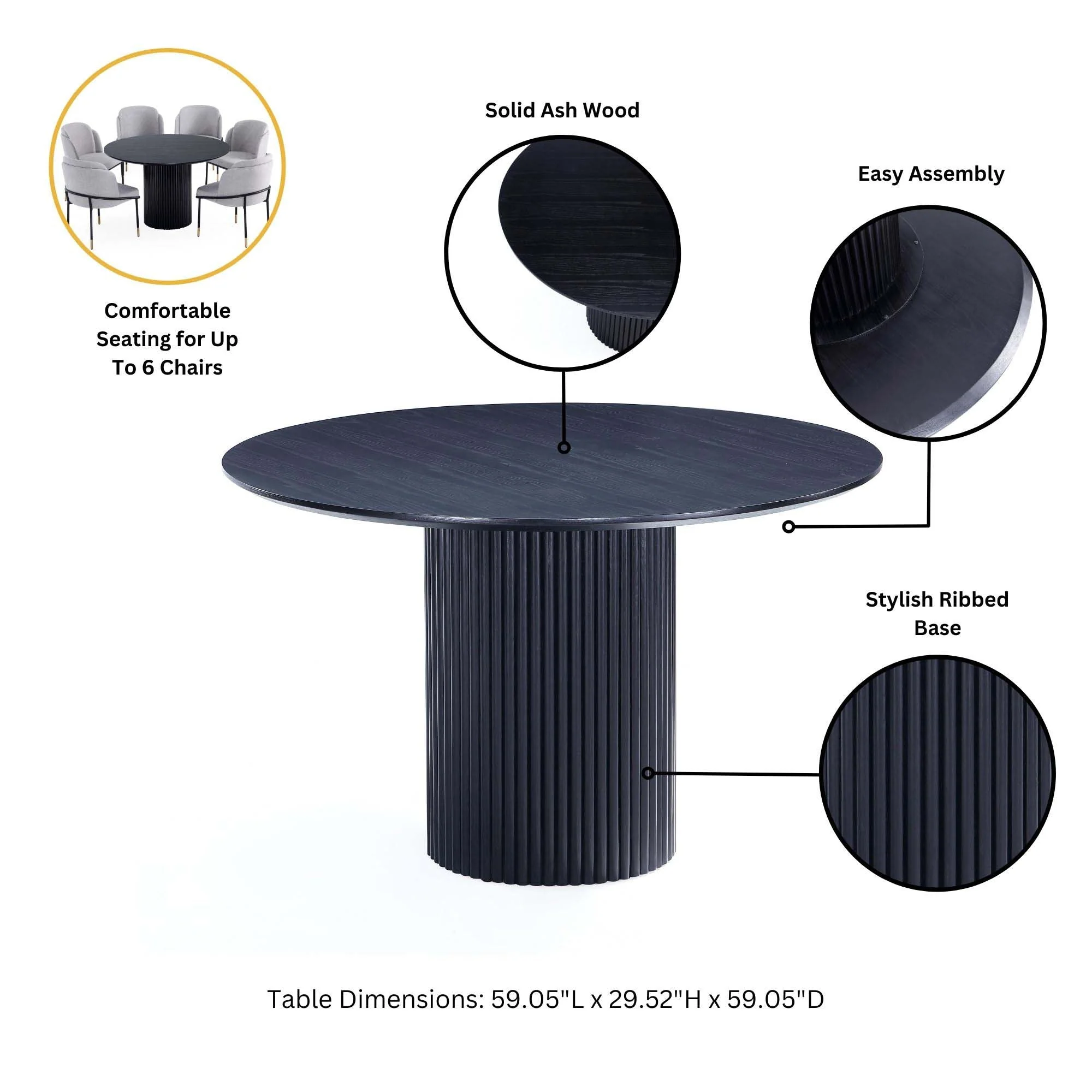 7-Piece Hathaway 59.05 Round Dining Set in Black with 6 Flor Dining Chairs in Silver Lining - Image 6