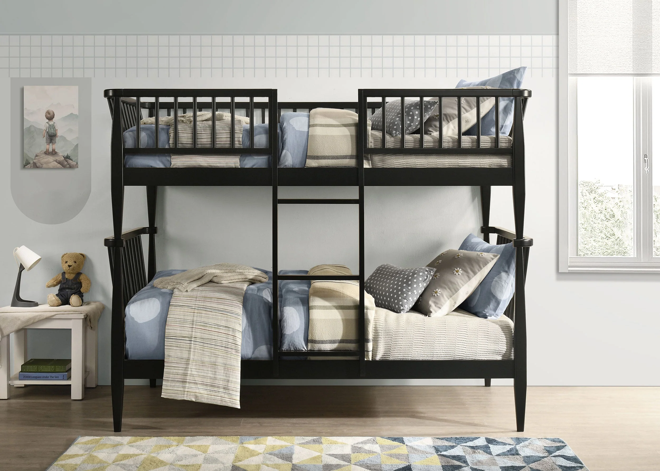 Abram Black Windsor Twin Over Twin Wood Bunk Bed with Ladder
