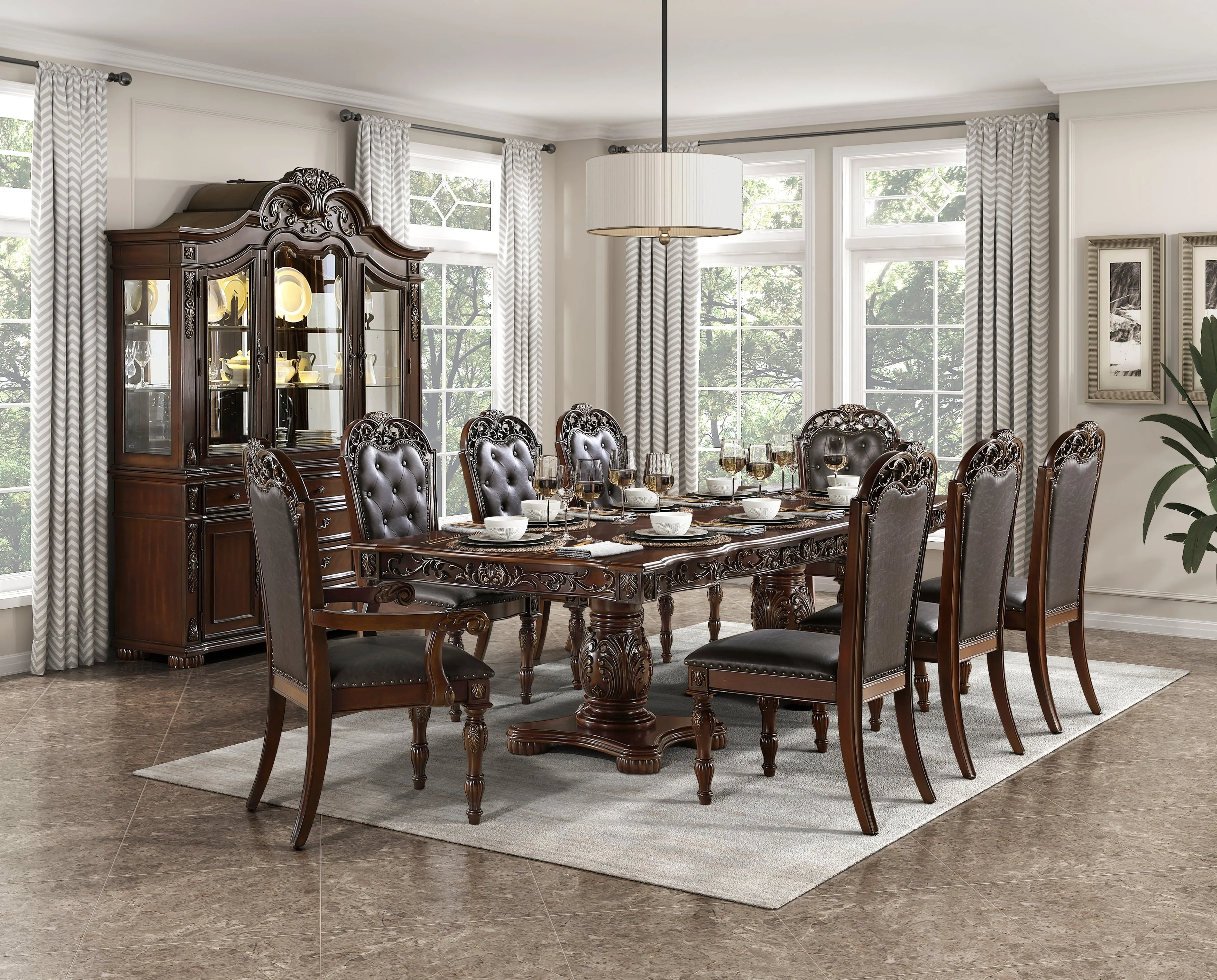 Adelina Cherry Double Pedestal Extendable Dining Room Set