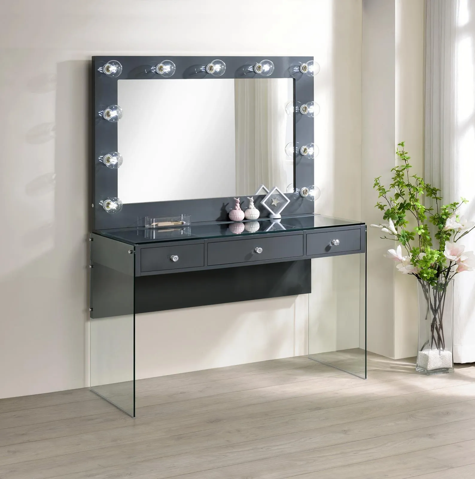 Afshan Gray High Gloss 3-Drawer Vanity Desk with Lighting Mirror