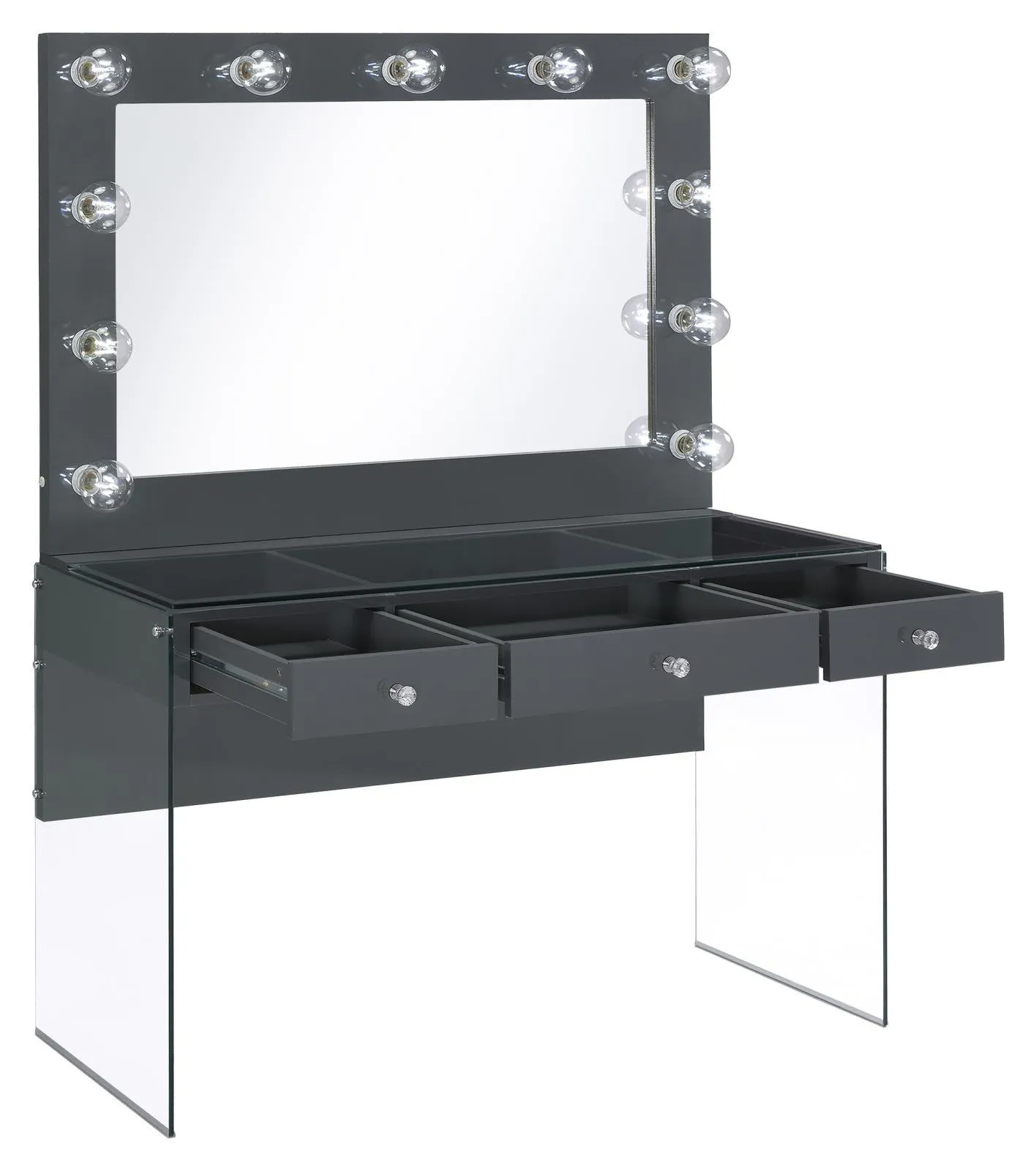 Afshan Gray High Gloss 3-Drawer Vanity Desk with Lighting Mirror - Image 3