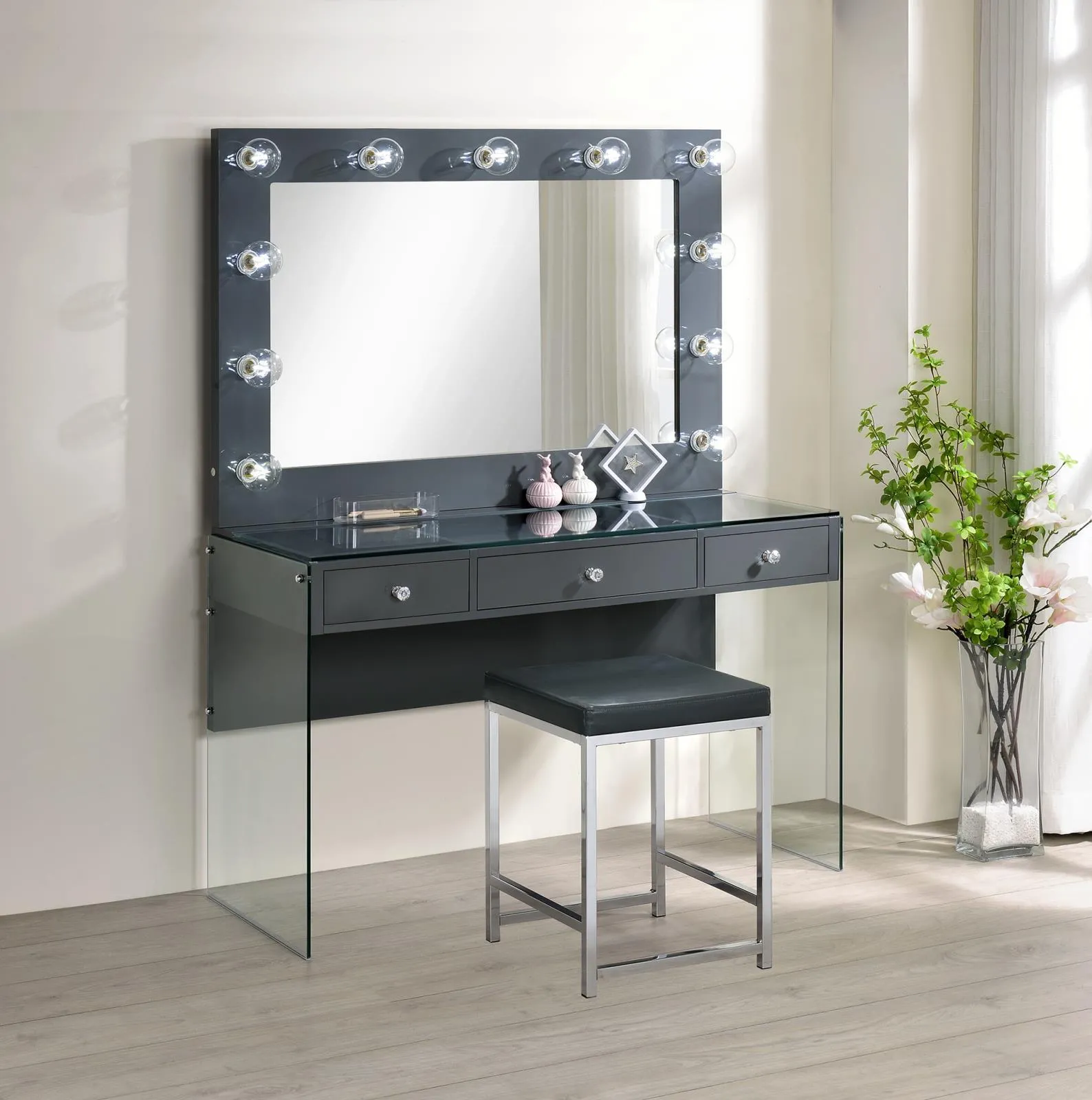 Afshan Gray High Gloss 3-Drawer Vanity Desk with Lighting Mirror - Image 4