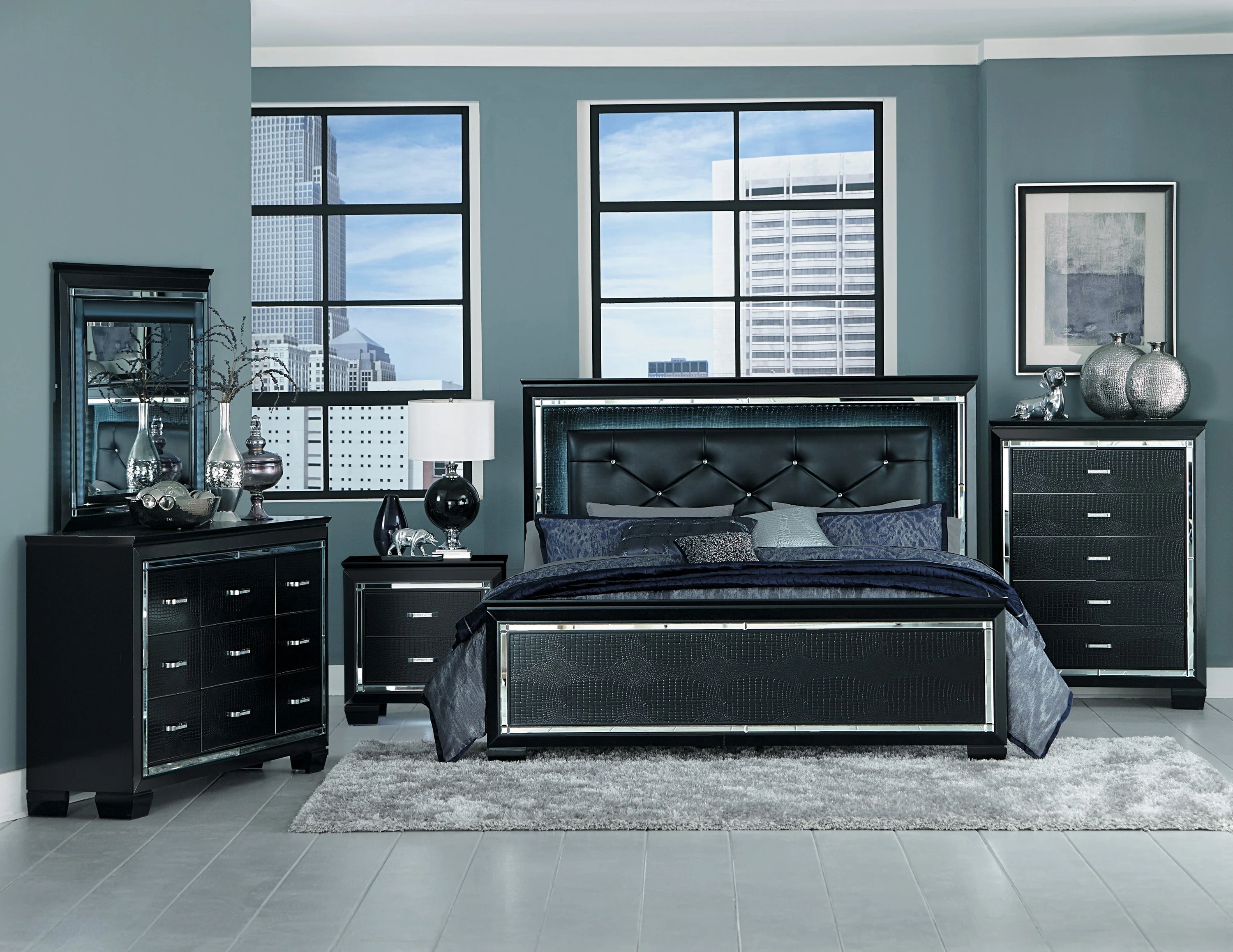 Allura Black California King LED Upholstered Panel Bed - Image 4