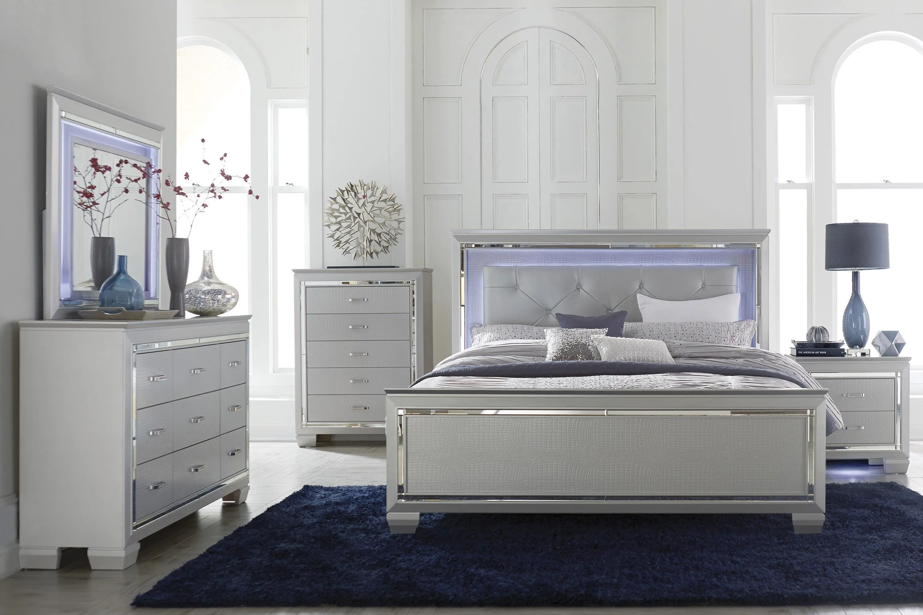 Allura Silver Queen LED Upholstered Panel Bed - Image 3