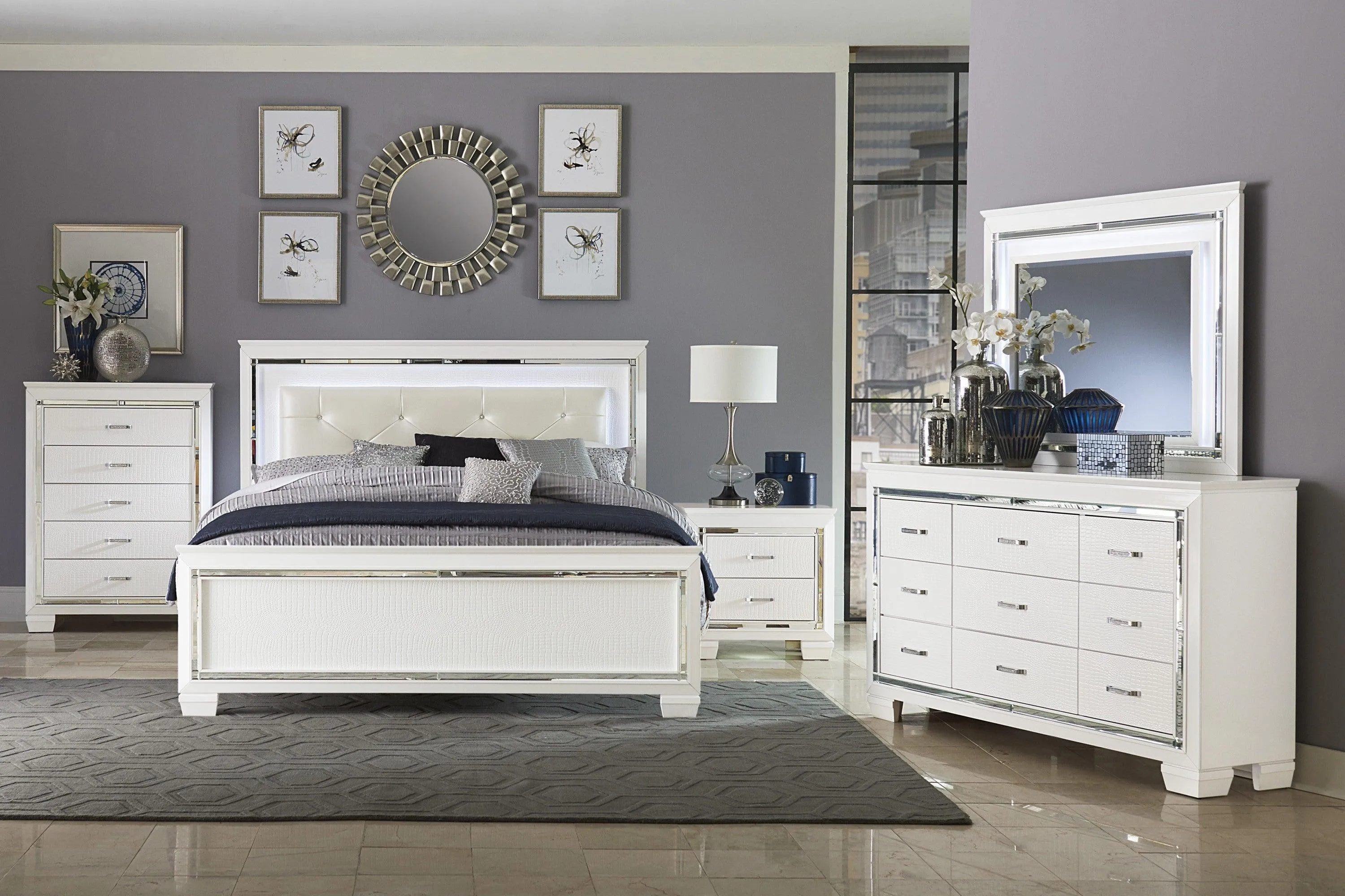 Allura White King LED Upholstered Panel Bed - Image 3