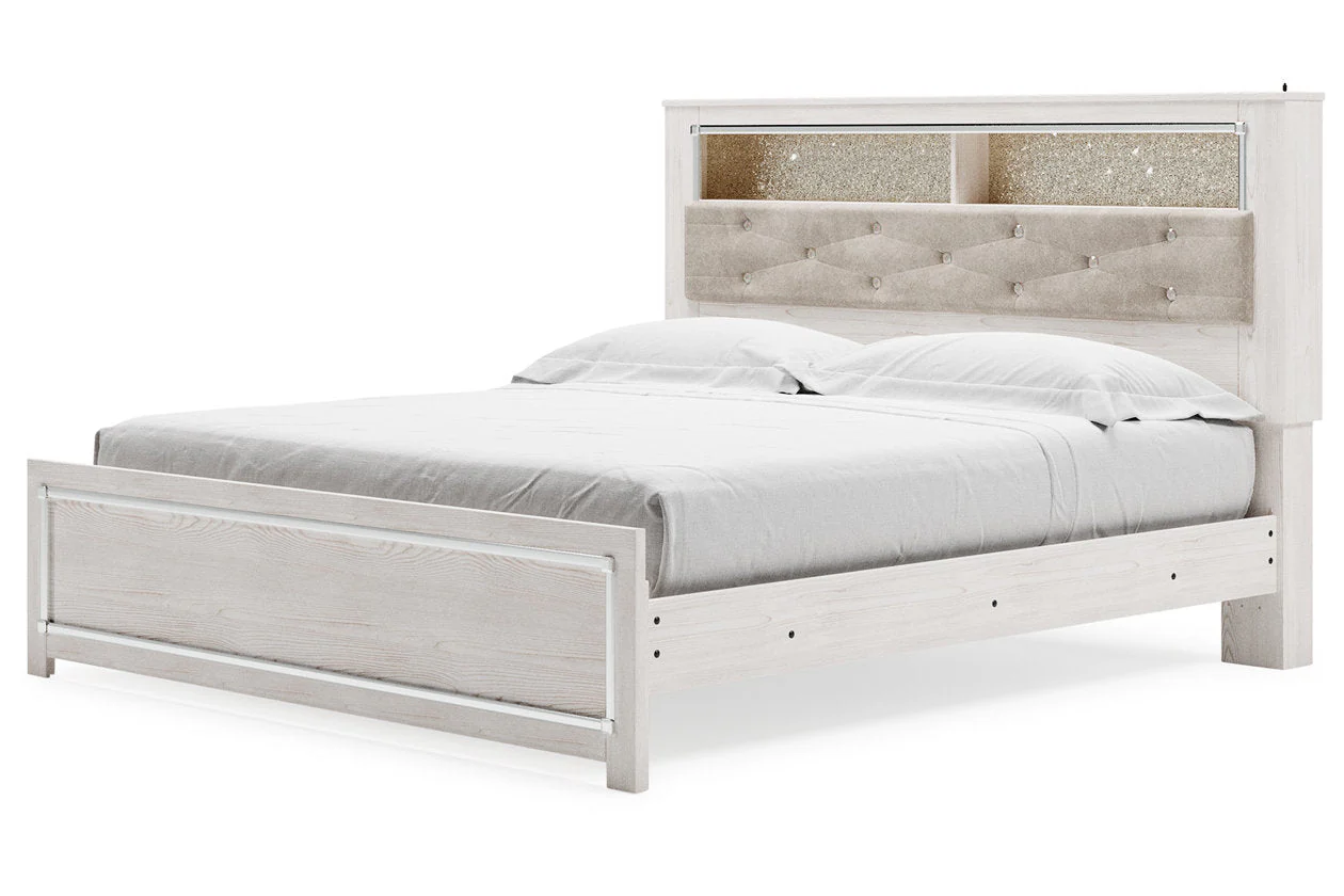 Altyra White King Upholstered LED Bookcase Panel Bed - Image 4