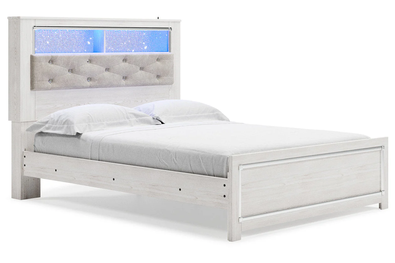 Altyra White Queen Upholstered LED Bookcase Panel Bed - Image 2
