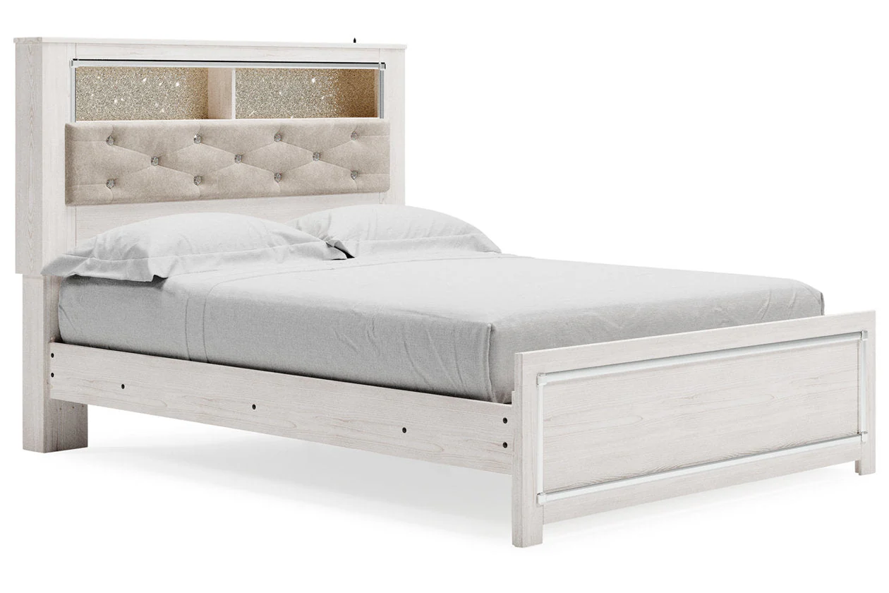 Altyra White Queen Upholstered LED Bookcase Panel Bed - Image 3