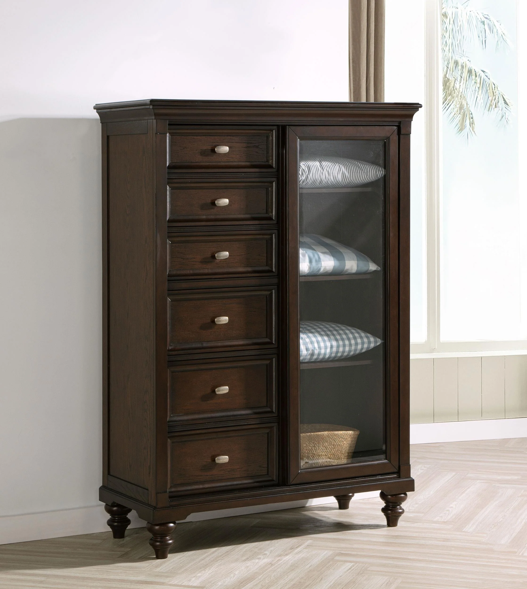 Andover Dark Oak 6-Drawer Tempered Glass Door Chest