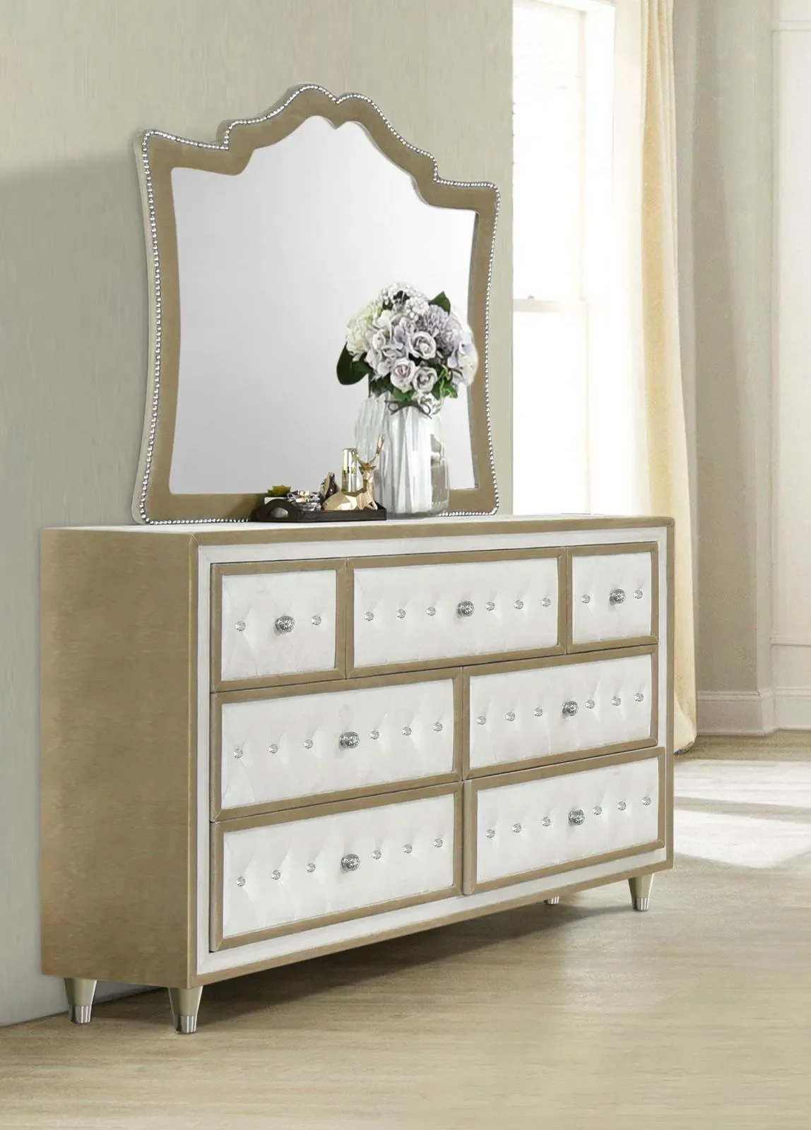 Antonella Ivory and Camel Upholstered 7-Drawer Dresser with Mirror