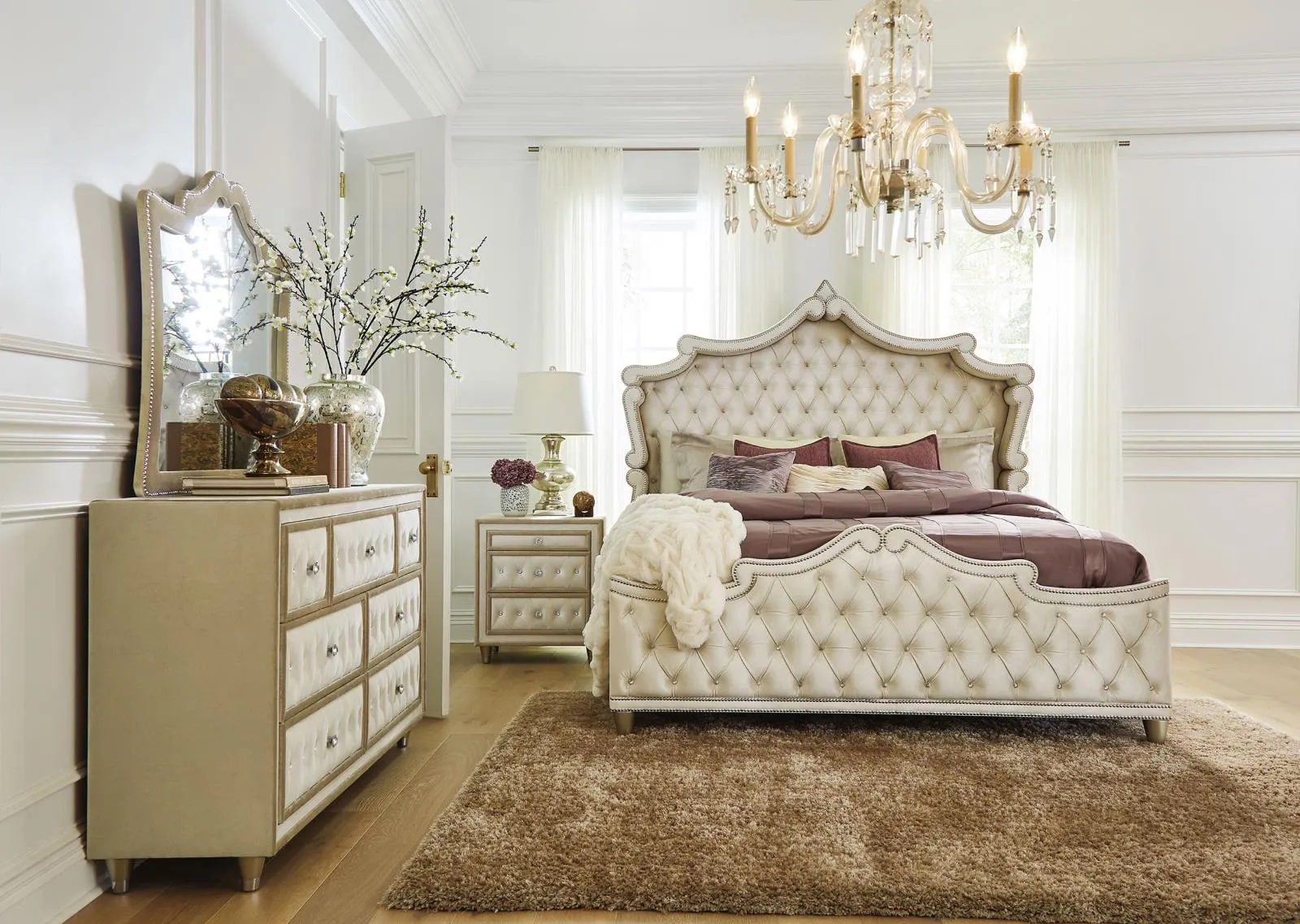 Antonella Ivory and Camel Upholstered 7-Drawer Dresser with Mirror - Image 4