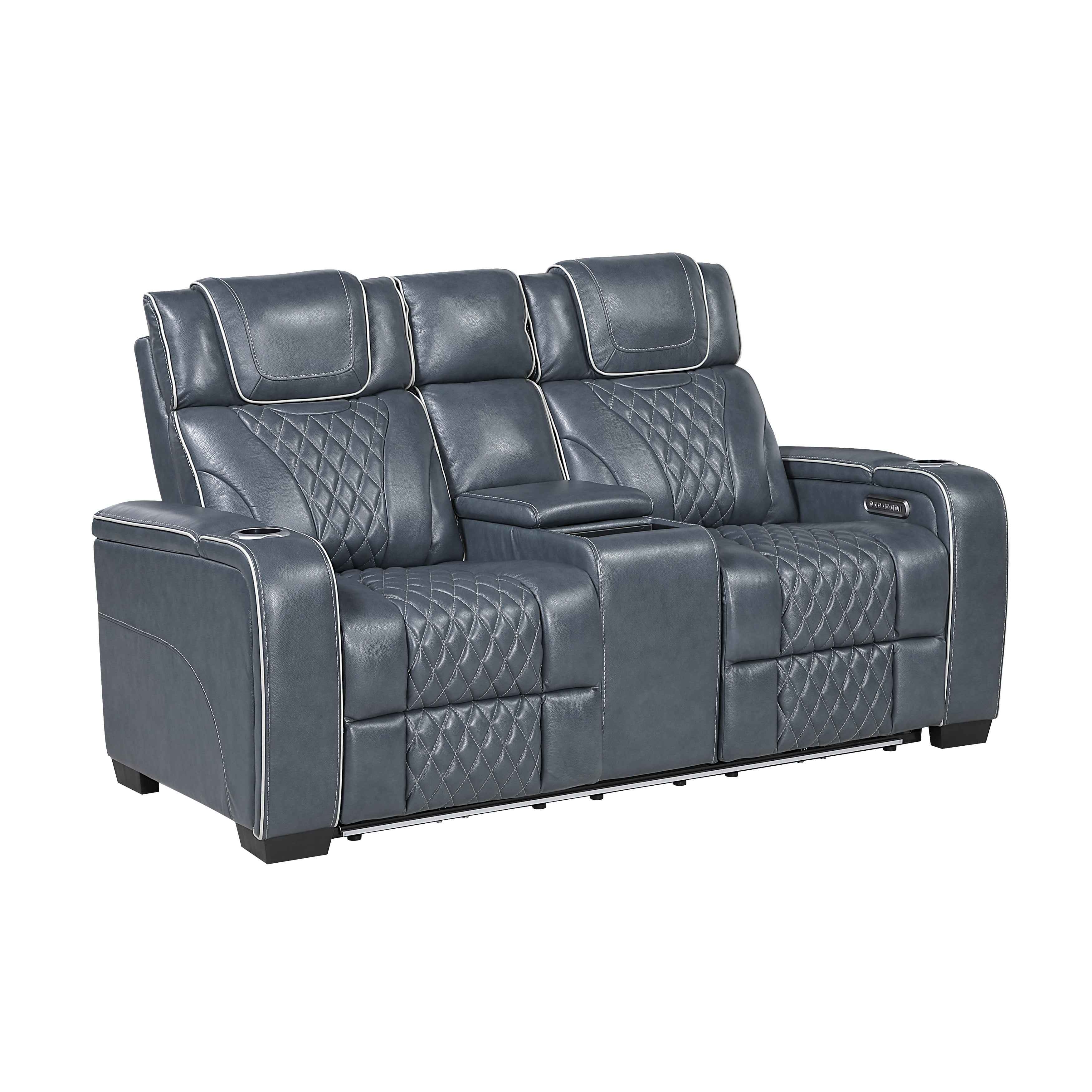 Apex Blue Leather Power Double Reclining Sofa - Image 18