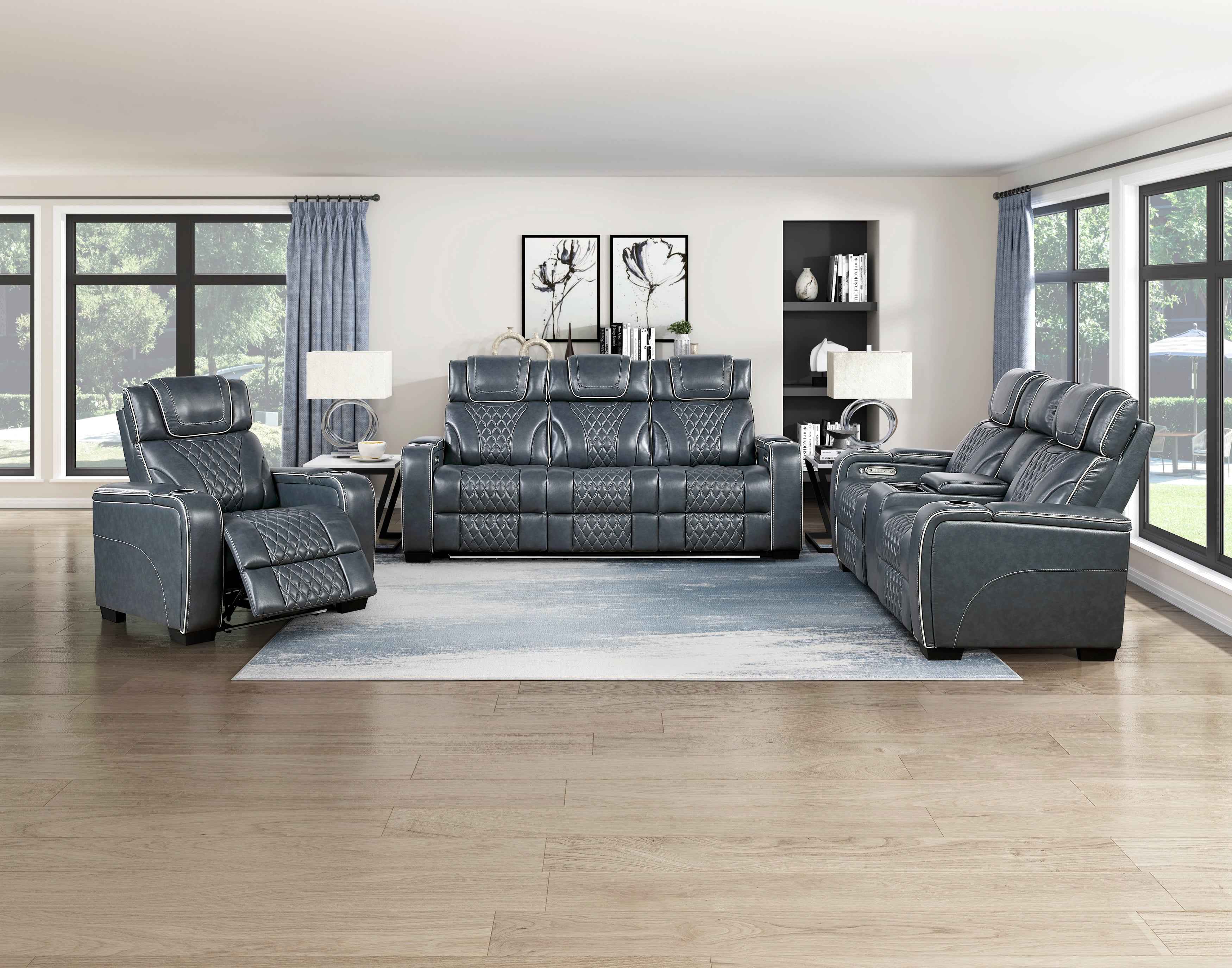 Apex Blue Leather Power Reclining Chair - Image 17