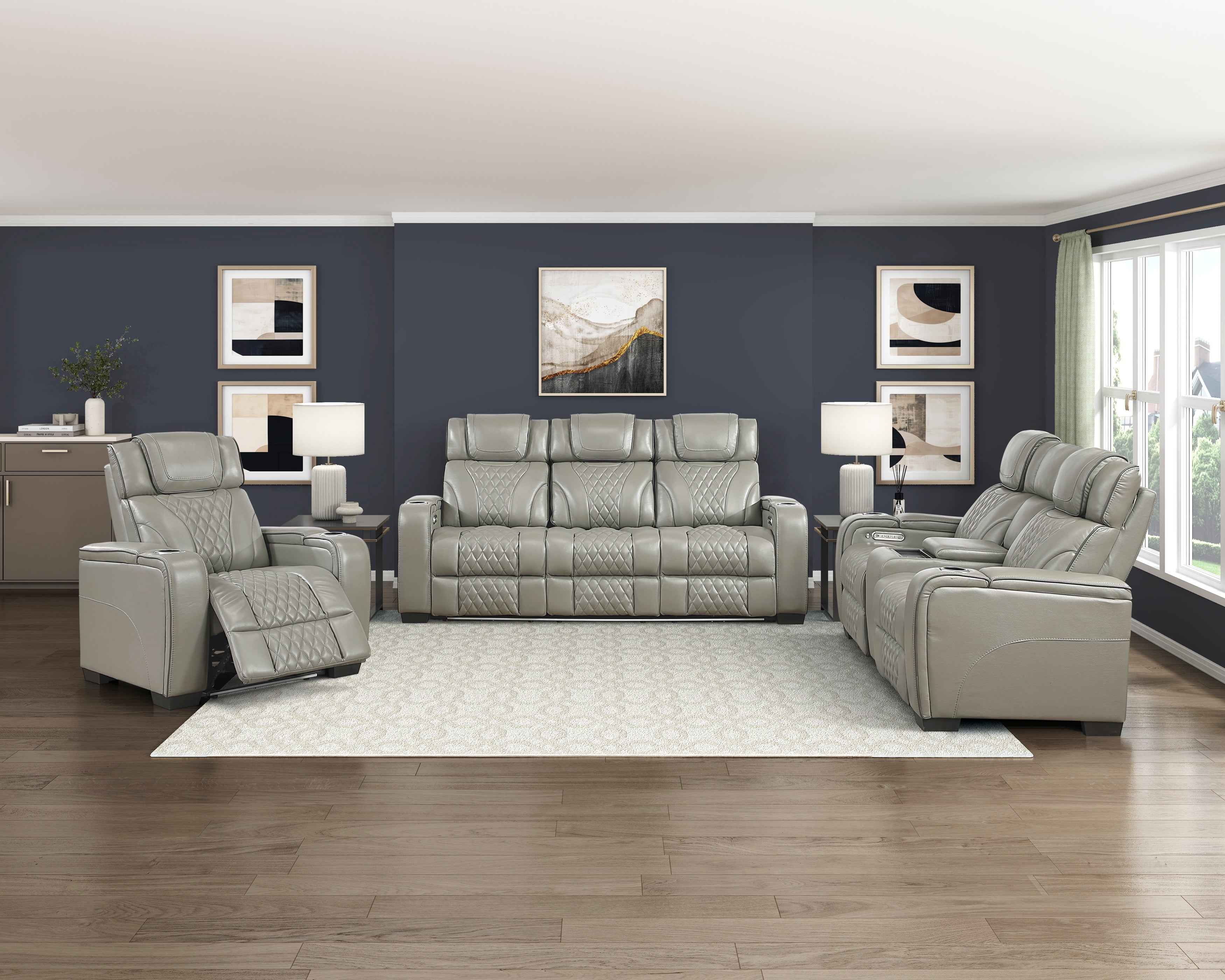 Apex Gray Leather Power Double Reclining Sofa - Image 15