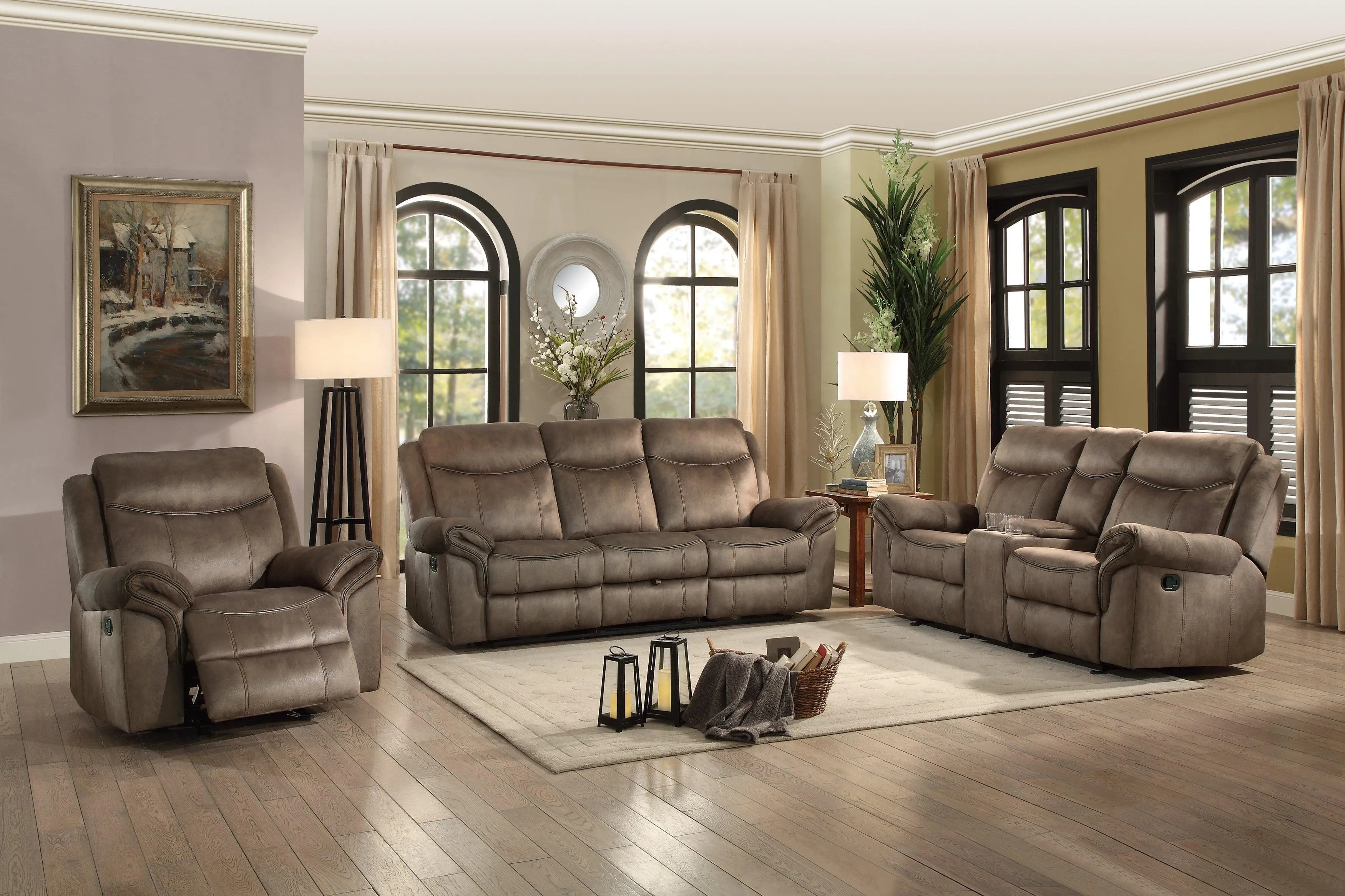 Aram Brown Fabric Double Reclining Sofa - Image 2