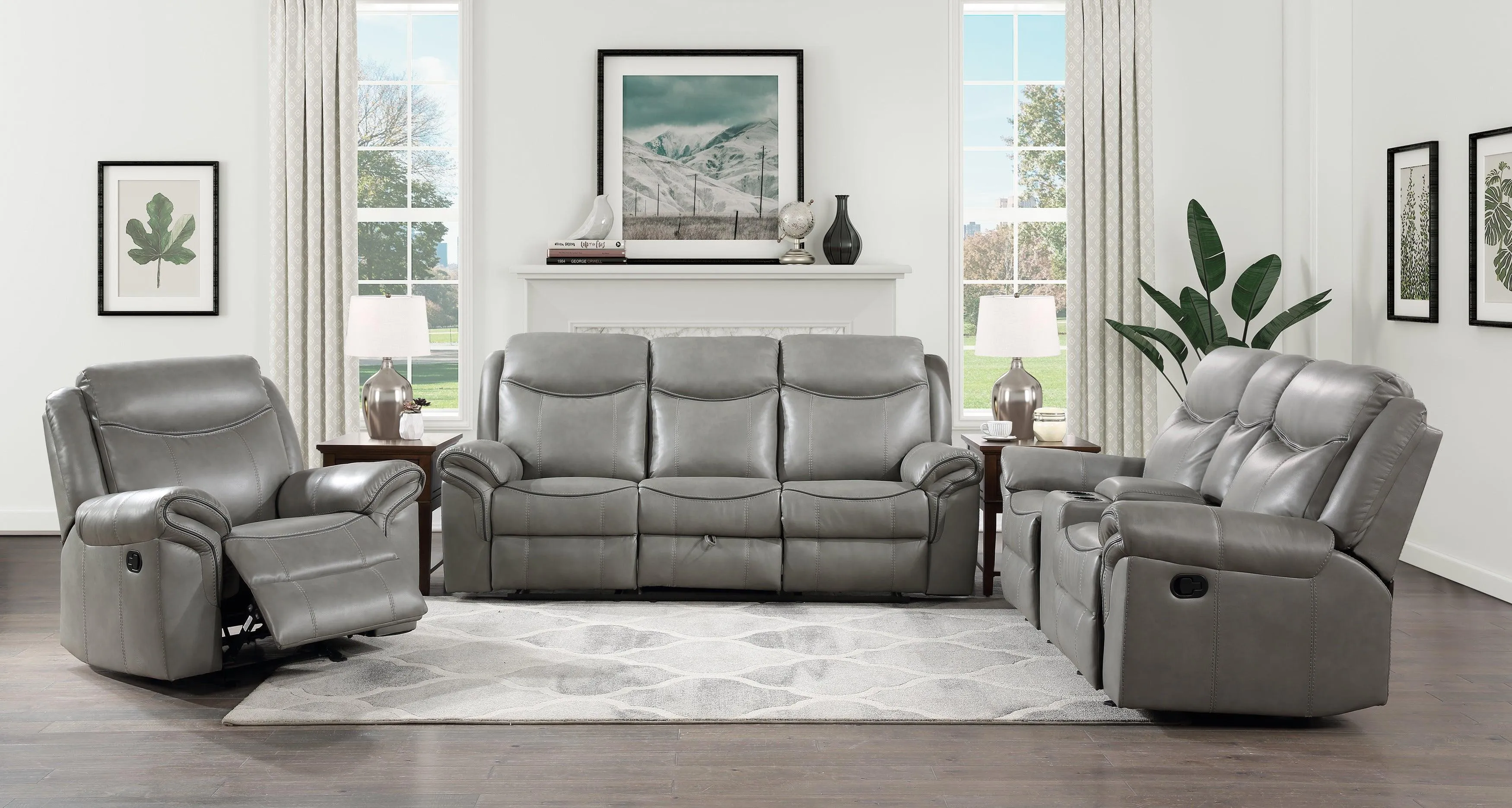 Aram Gray Faux Leather Double Reclining Sofa - Image 2