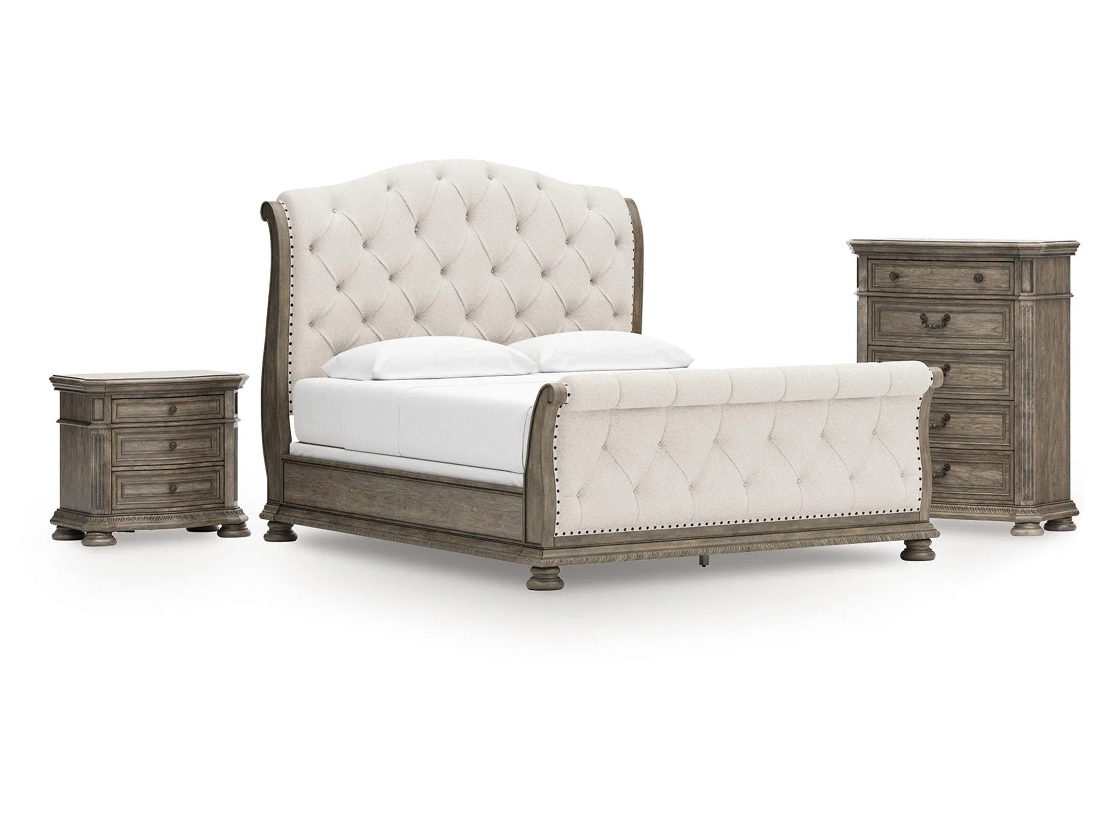 Ardenfield Light Brown California King Sleigh Bedroom Set with Chest and Nightstand
