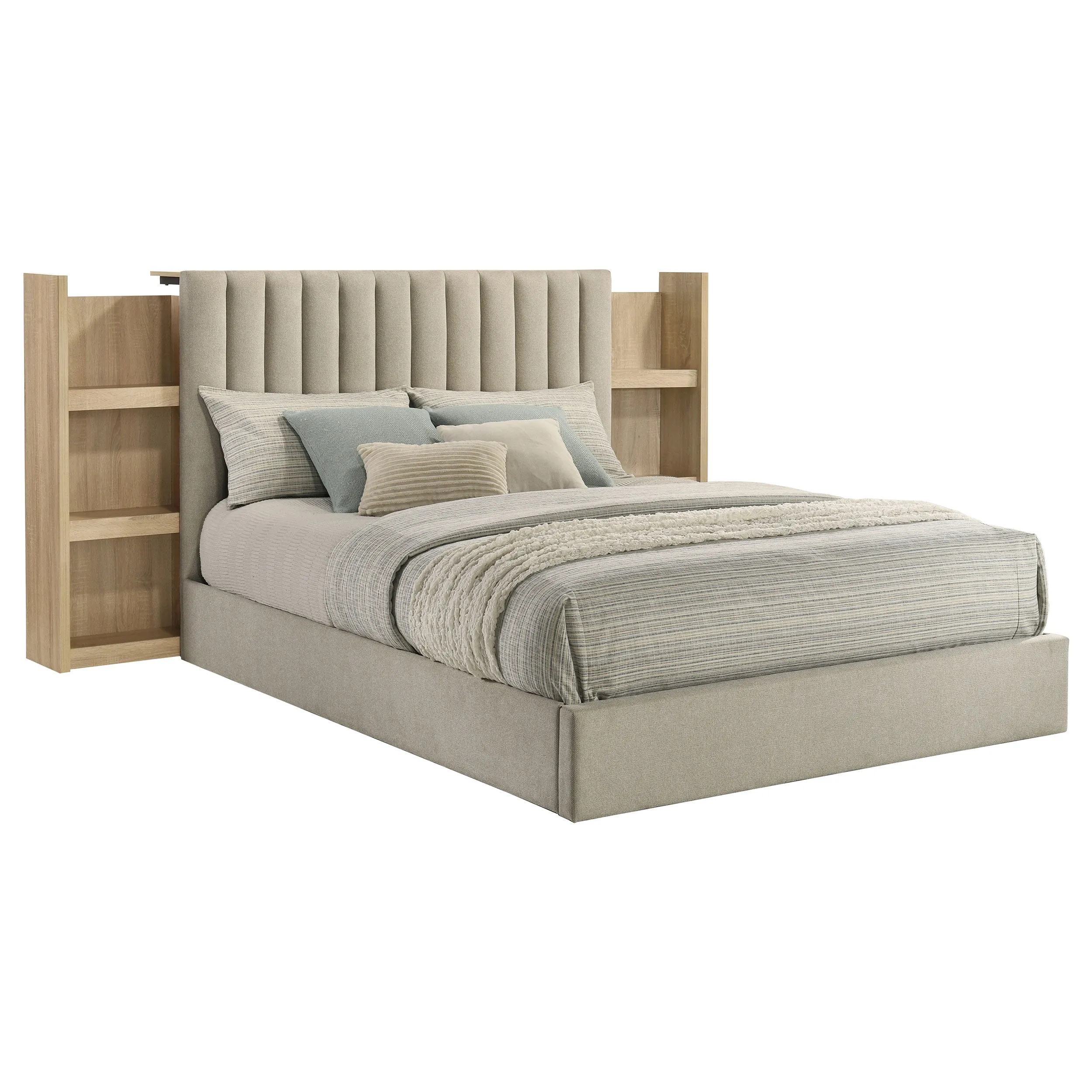 Arielle Light Oak Queen Bookcase Panel Storage Bed - Image 4