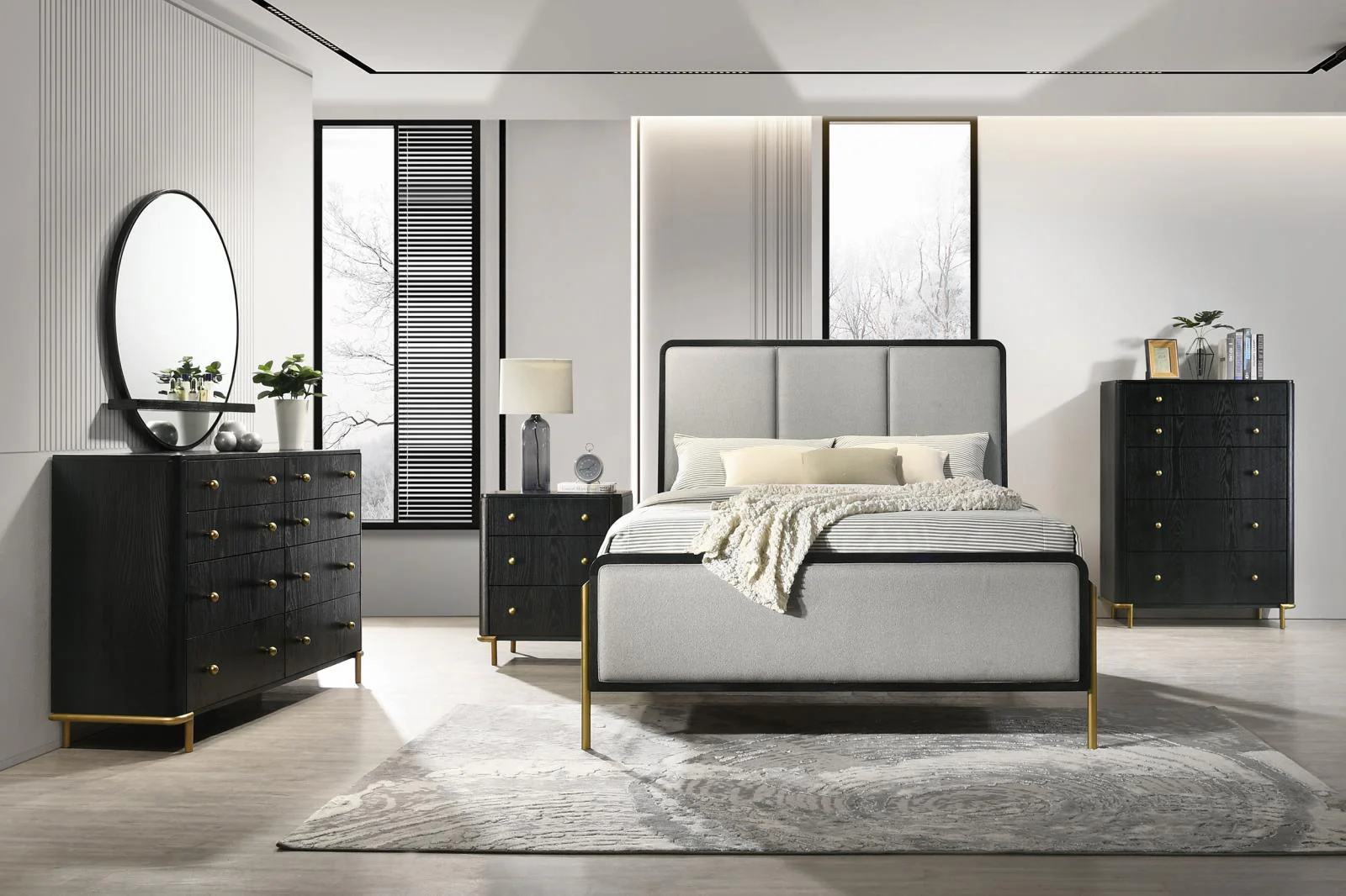 Arini Black and Gray Eastern King Bed with Upholstered Headboard - Image 7