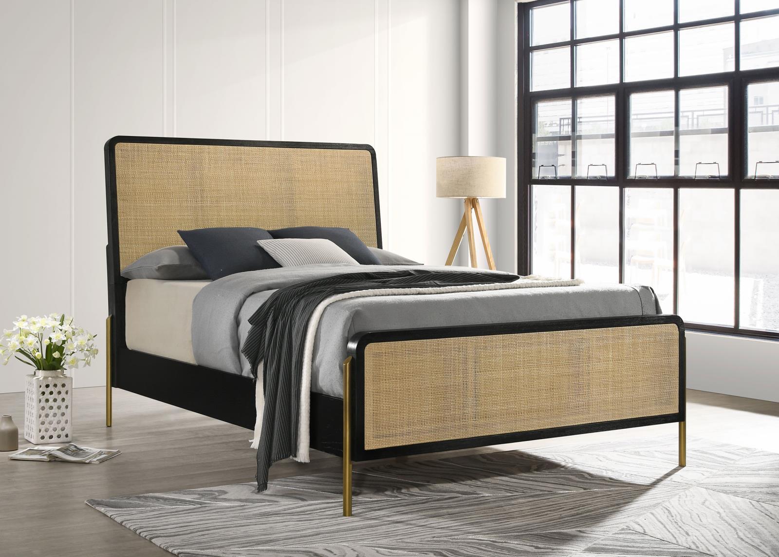 Arini Black and Natural Eastern King Bed with Woven Rattan Headboard