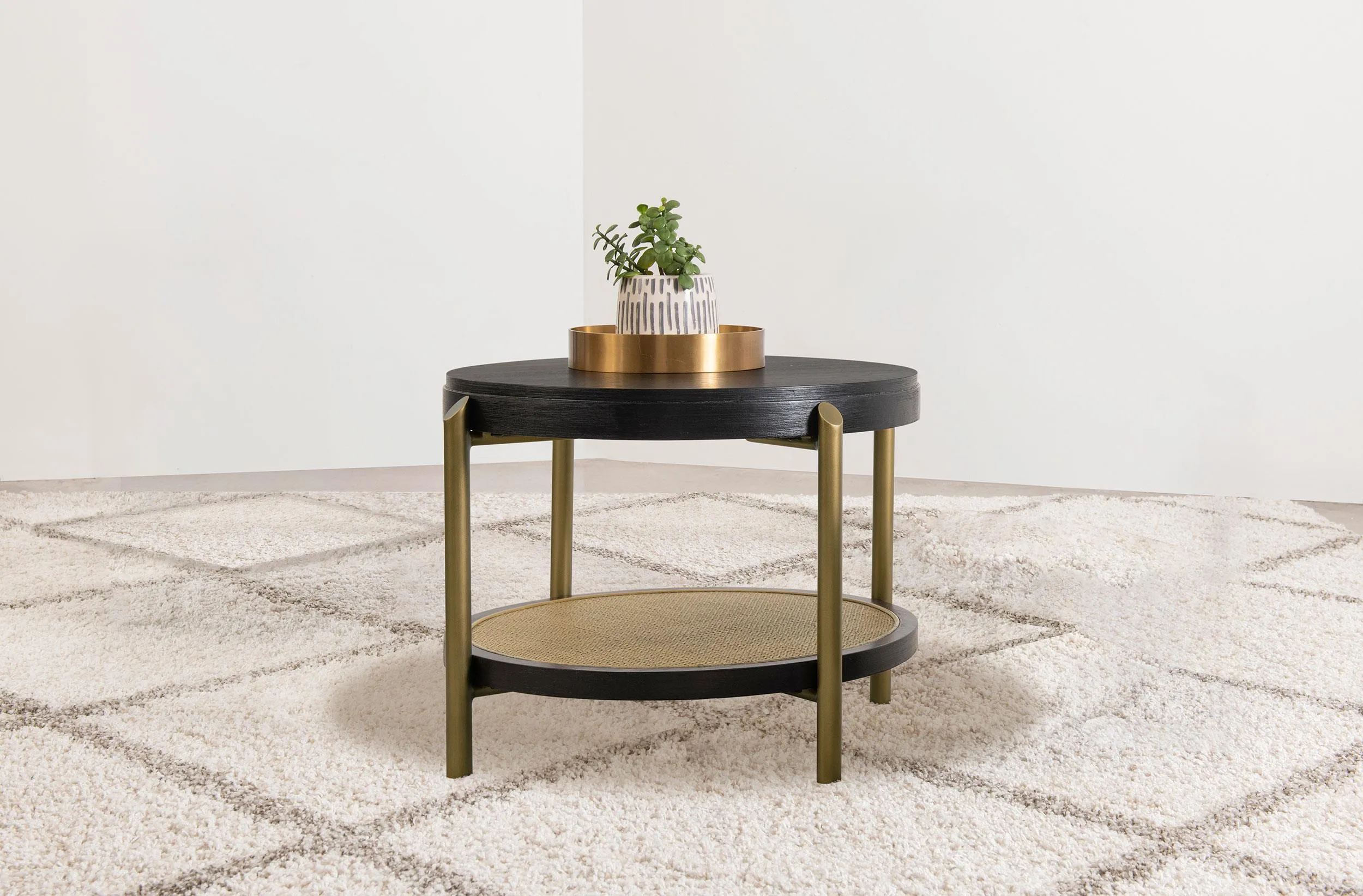 Arini Black Round End Side Table With Storage Shelf
