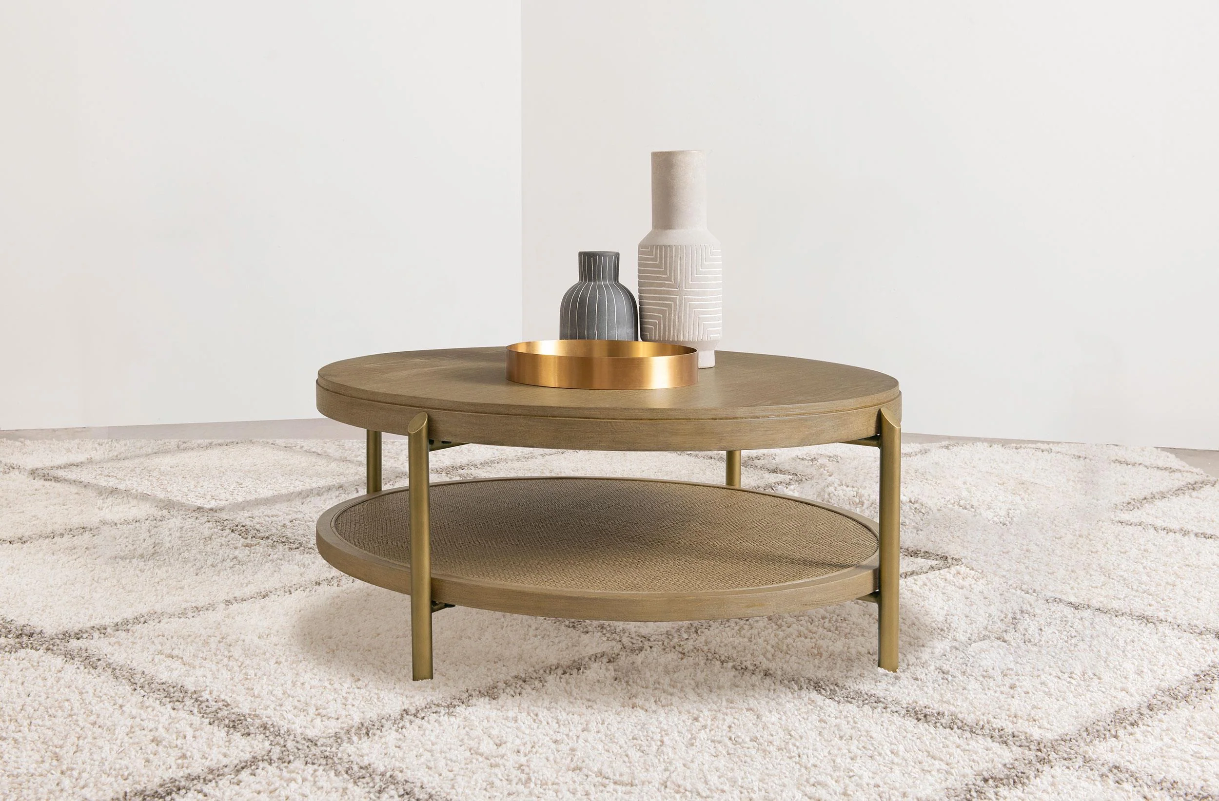 Arini Sand Wash Round Coffee Table With Storage Shelf