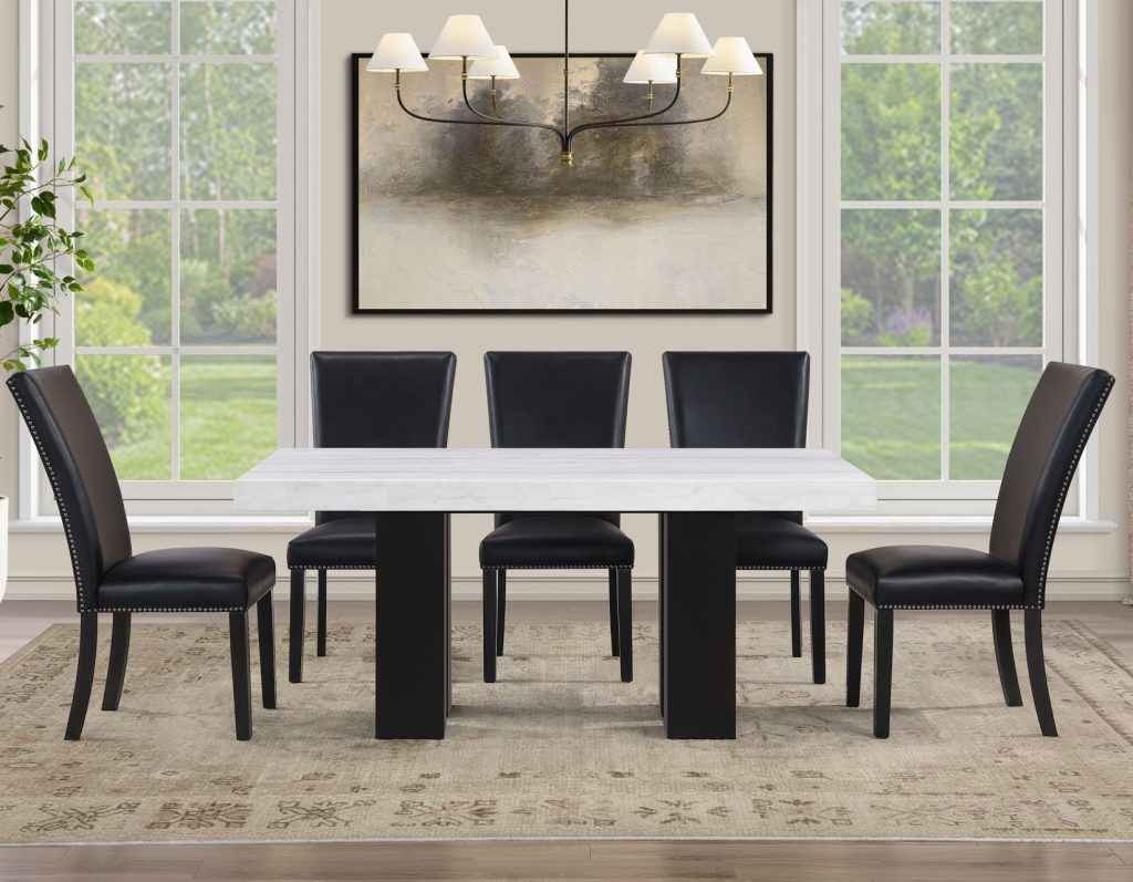 Artemis 5 Piece 70″ Rect White Marble Table, Black Finish w/4 Black Vegan Leather Chairs - Image 2