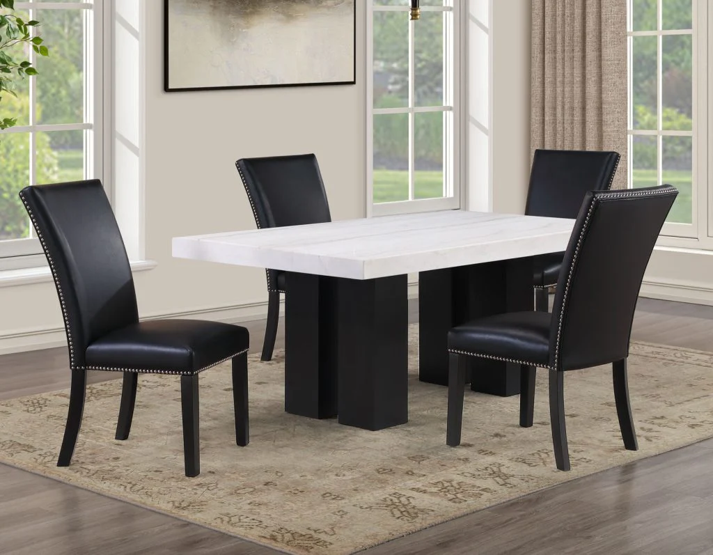 Artemis 5 Piece 70″ Rect White Marble Table, Black Finish w/4 Black Vegan Leather Chairs - Image 9