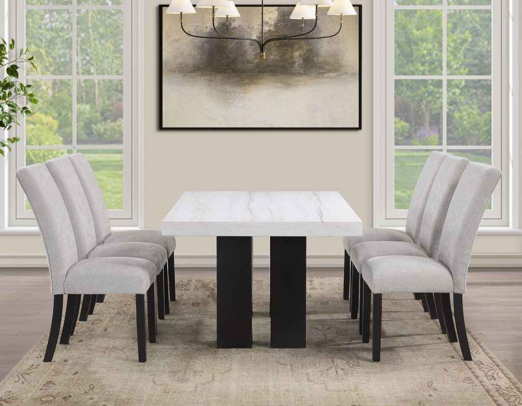 Artemis 5 Piece 70″ Rect White Marble Table, Black Finish w/4 Gray Chenille Chairs - Image 2
