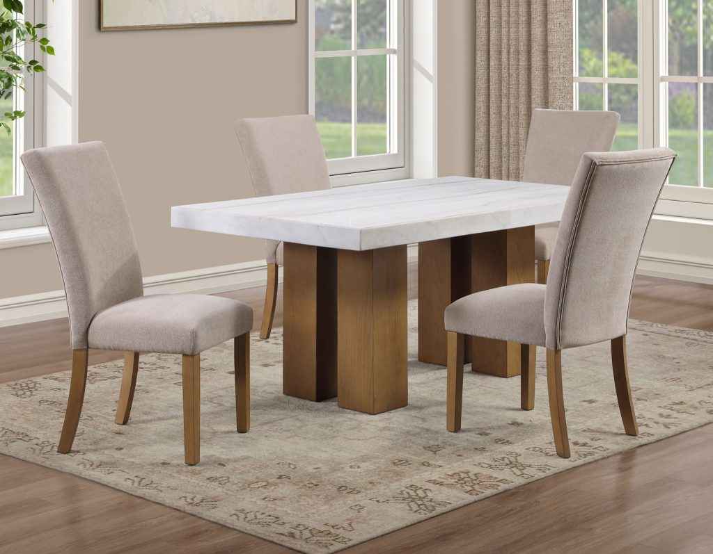 Artemis 5 Piece 70″ Rect White Marble Table, Tan Finish w/4 Beige Chenille Chairs - Image 2