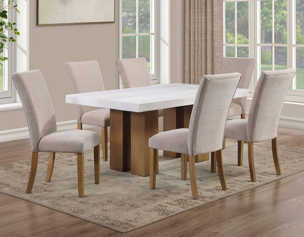 Artemis 5 Piece 70″ Rect White Marble Table, Tan Finish w/4 Beige Chenille Chairs - Image 4