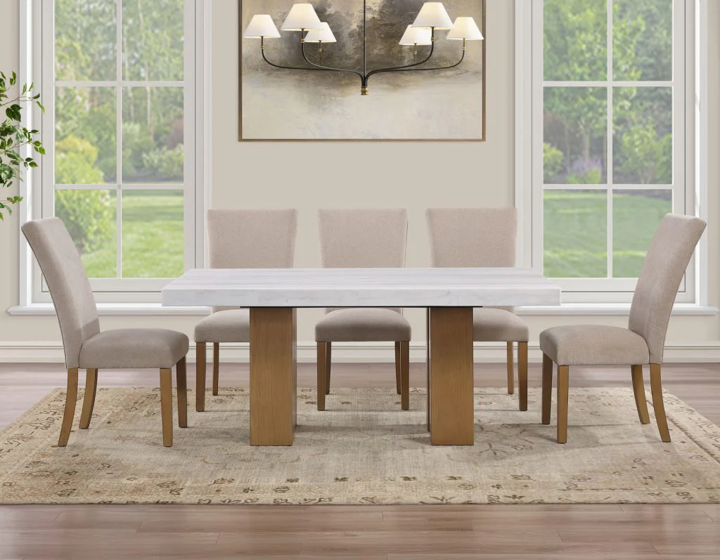 Artemis 5 Piece 70″ Rect White Marble Table, Tan Finish w/4 Beige Chenille Chairs - Image 5