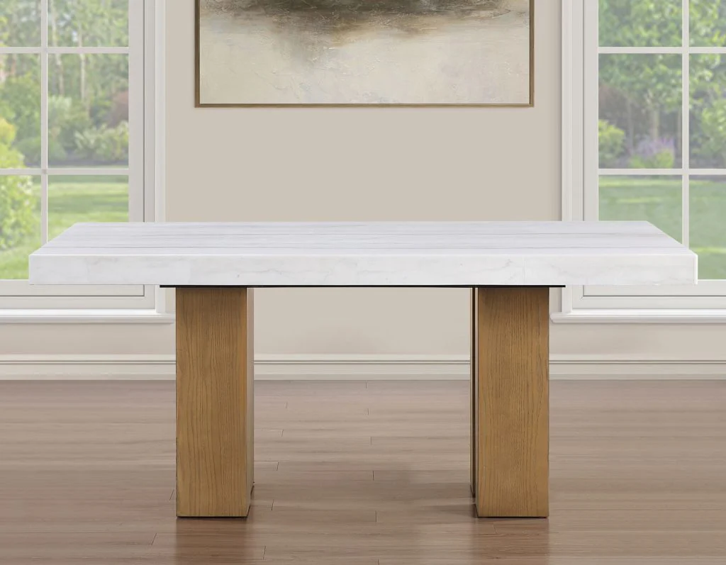 Artemis 5 Piece 70″ Rect White Marble Table, Tan Finish w/4 Beige Chenille Chairs - Image 7