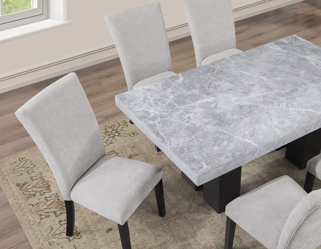 Artemis 5 Piece 70″ Rectangular Gray Marble Table, Black Finish with 4 Gray Chenille Chairs - Image 6