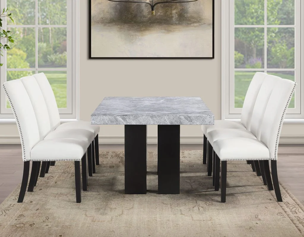 Artemis 5-Piece Dining Room Set 70″ Rect Gray Marble Table, Black Finish w/4 White Vegan Leather Chairs