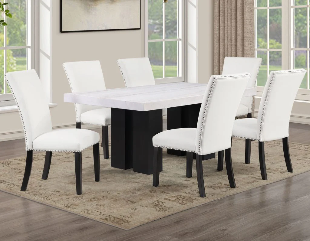 Artemis 5-Piece Dining Room Set 70″ Rect White Marble Table, Black Finish w/4 White Vegan Leather Chairs