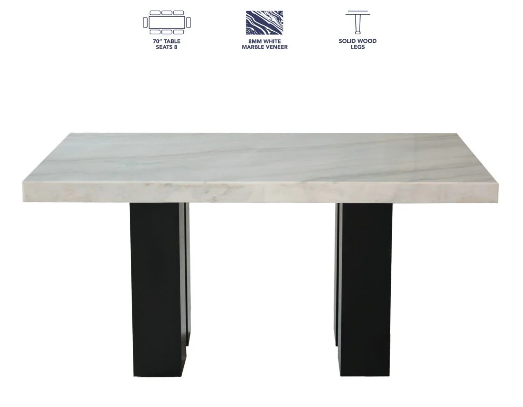 Artemis 5-Piece Dining Room Set 70″ Rect White Marble Table, Black Finish w/4 White Vegan Leather Chairs - Image 16