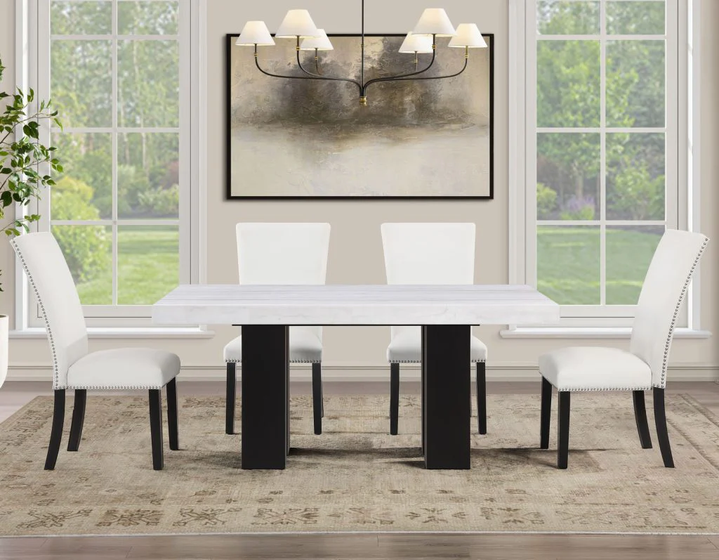Artemis 5-Piece Dining Room Set 70″ Rect White Marble Table, Black Finish w/4 White Vegan Leather Chairs - Image 5