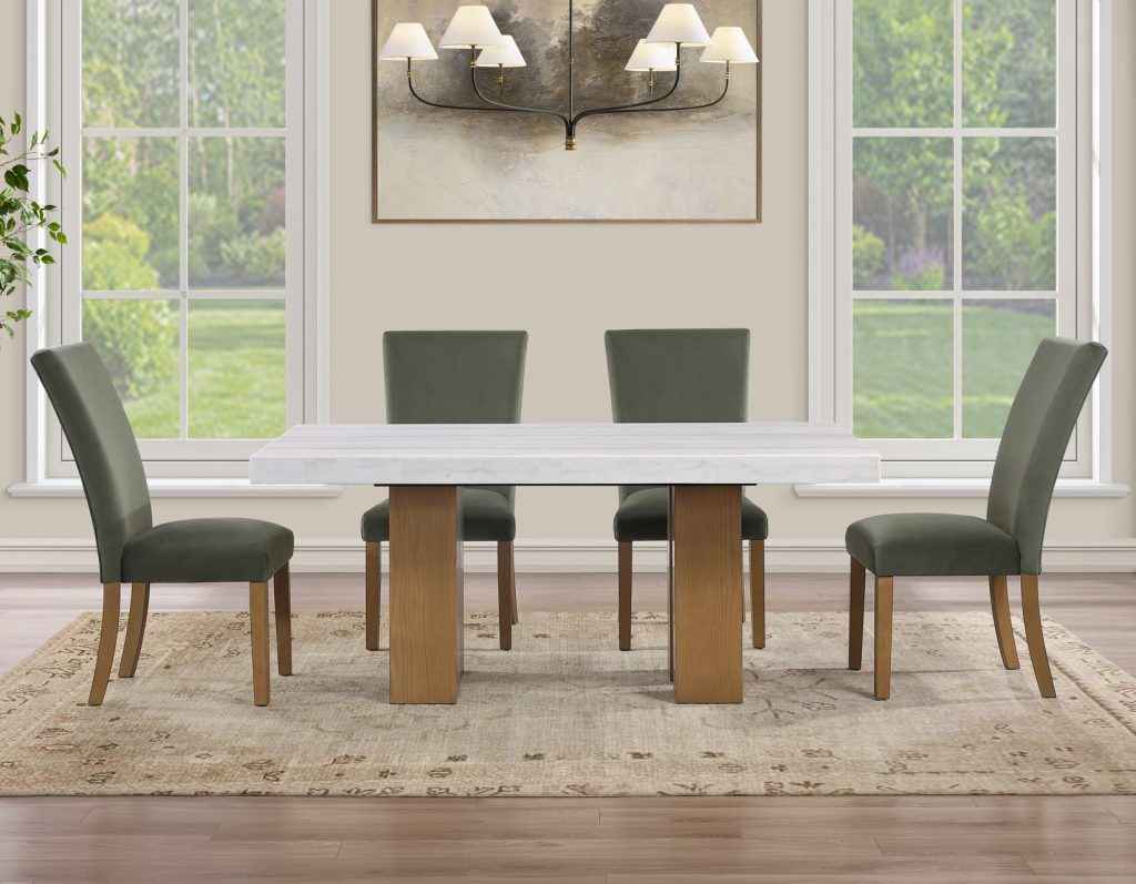 Artemis 70″ Rect White Marble Table, Tan Finish w/4 Green Velvet Chairs