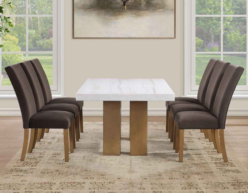 Artemis 70″ Rect White Marble Table, Tan Finish with 4 Brown Velvet Chairs - Image 5