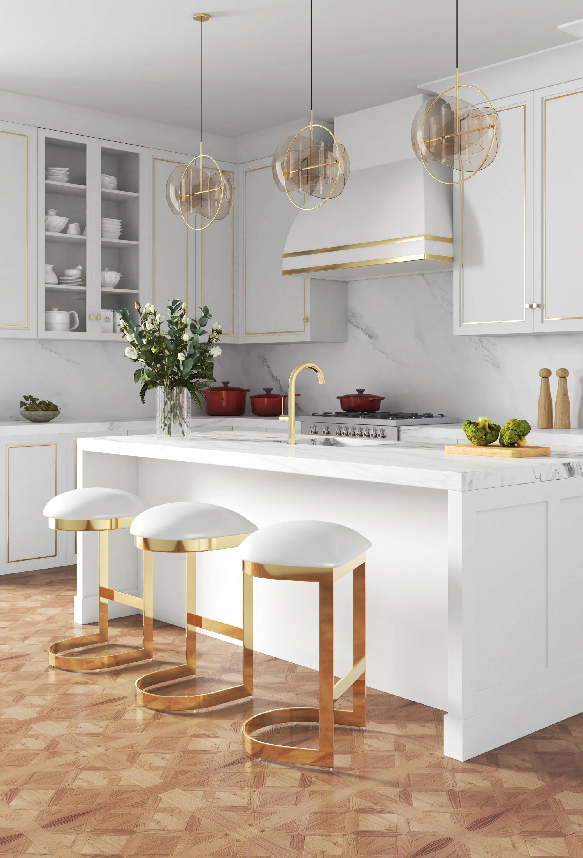 Aura Bar Stool in White and Polished Brass - Image 2