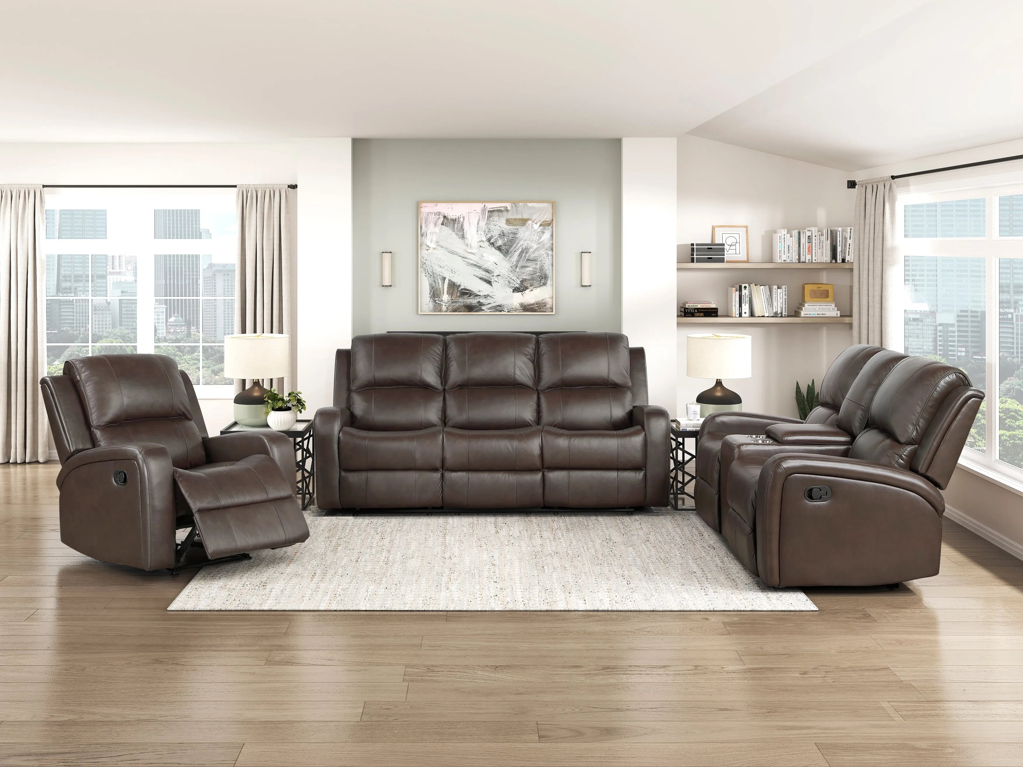 Austin Brown Genuine Leather Double Reclining Sofa - Image 8