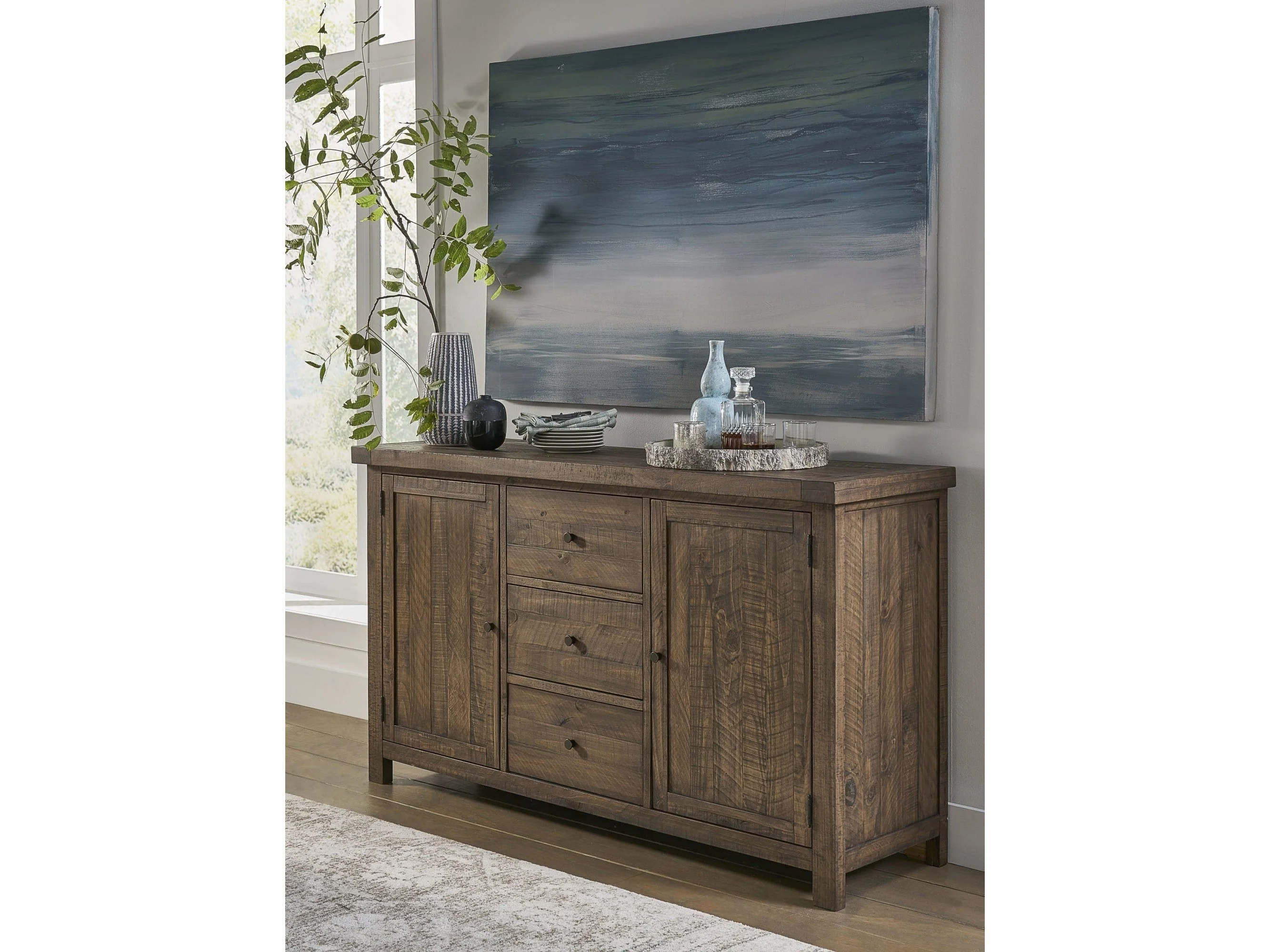 Autumn Flint Oak Solid Wood Three Drawer Two Door Sideboard