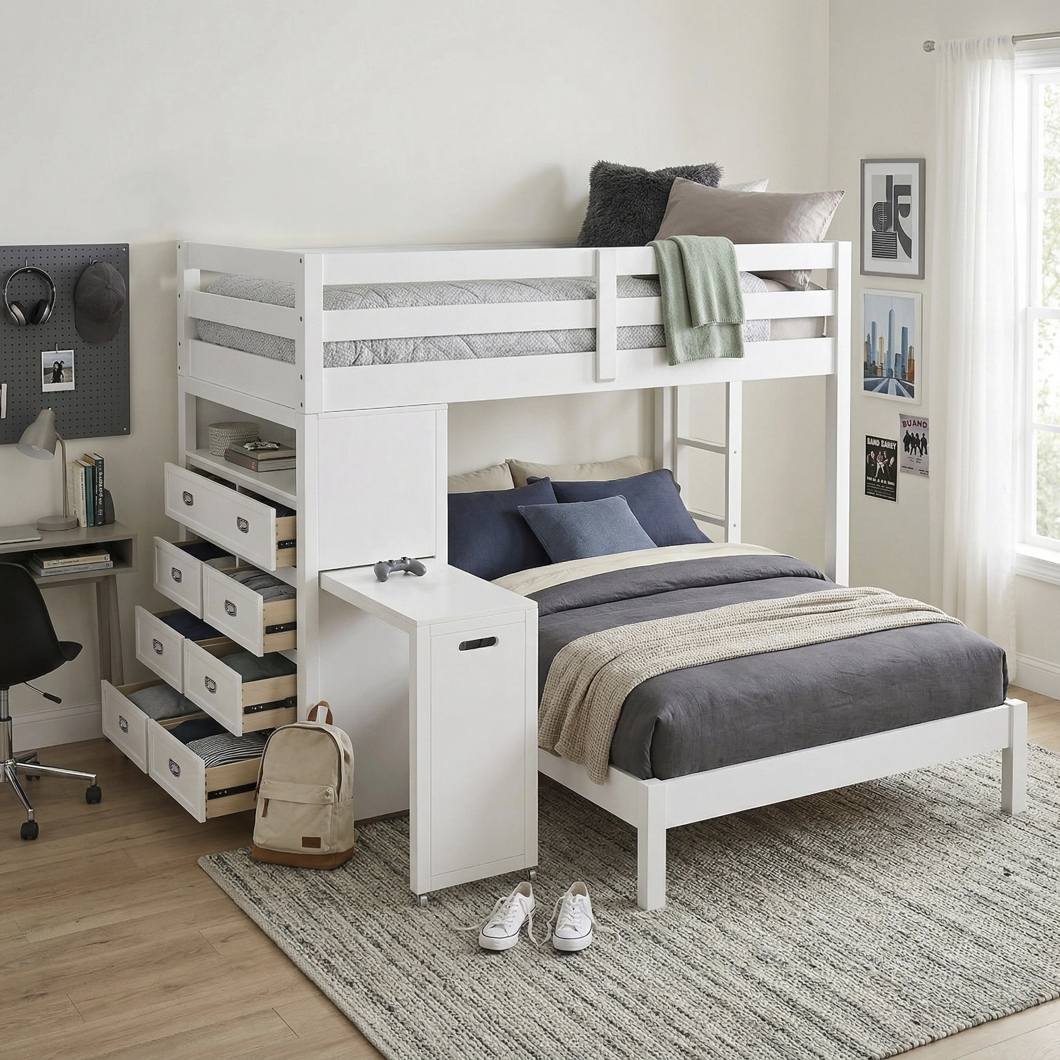 Sloane White Twin/Full Loft Bunk Bed with Chest and Hidden Desk - Image 39