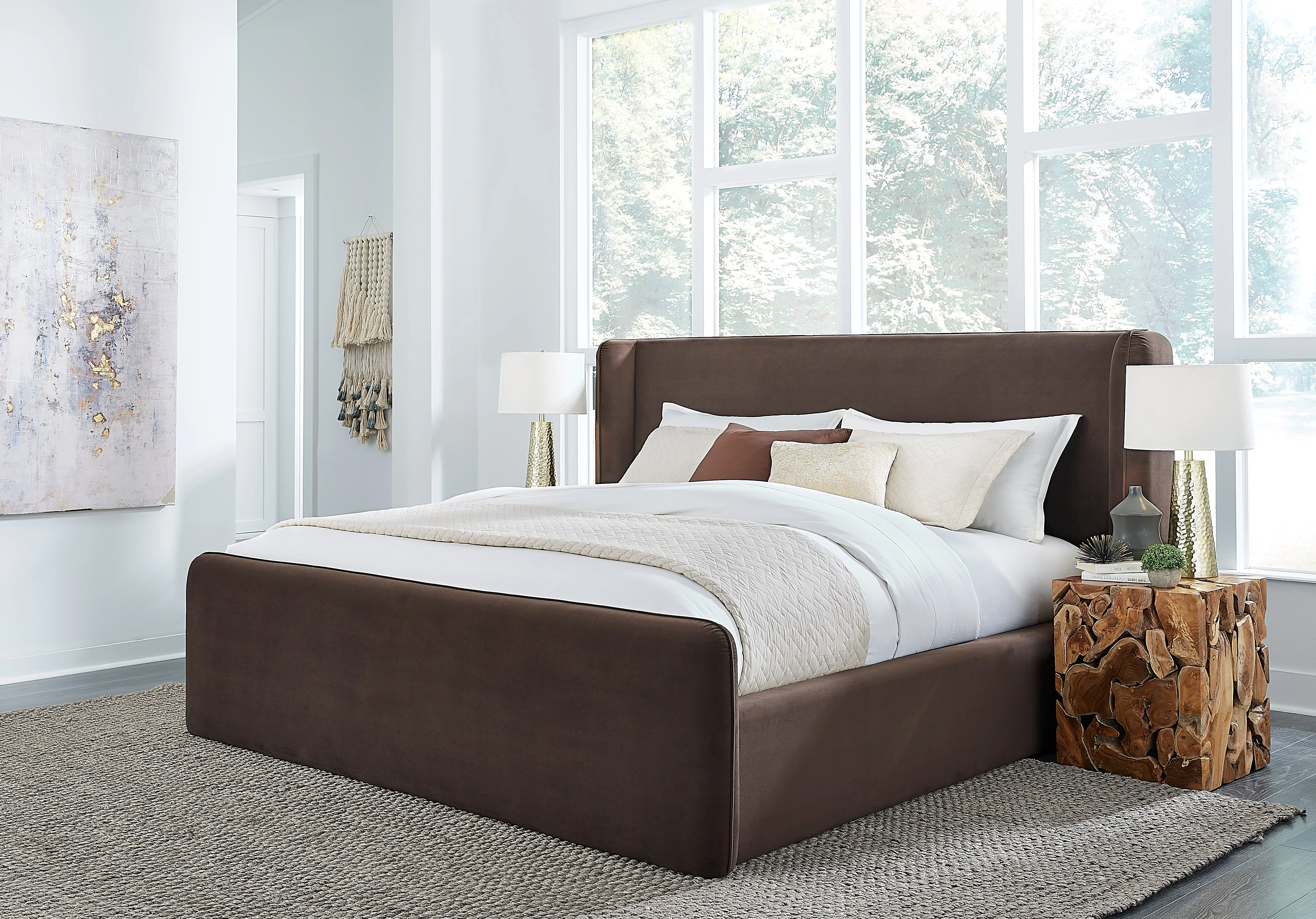 Bacall Velvet Eastern King Upholstered Wingback Platform Bed in Cola - Image 3