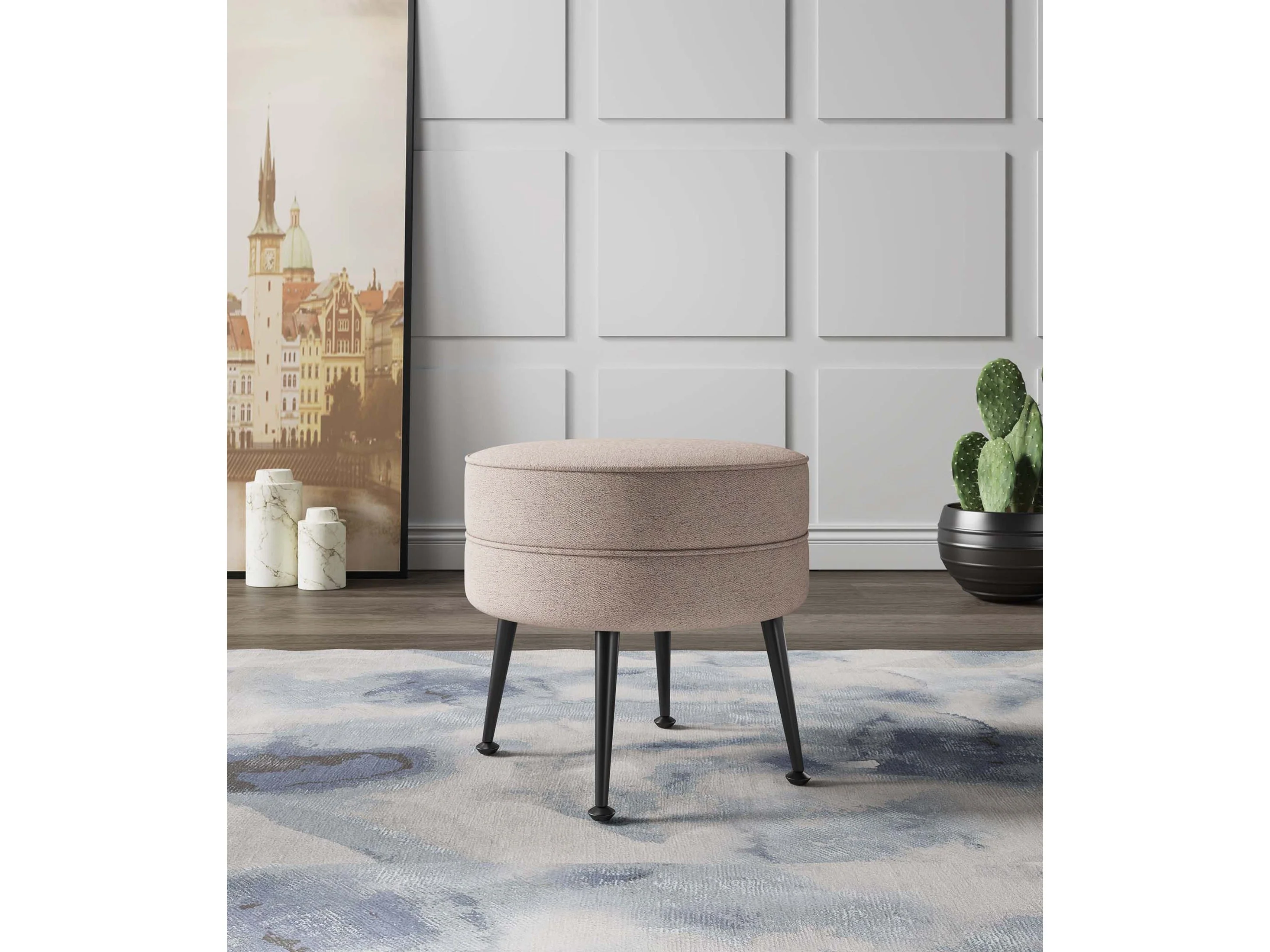Bailey Ottoman in Oatmeal with Black Feet